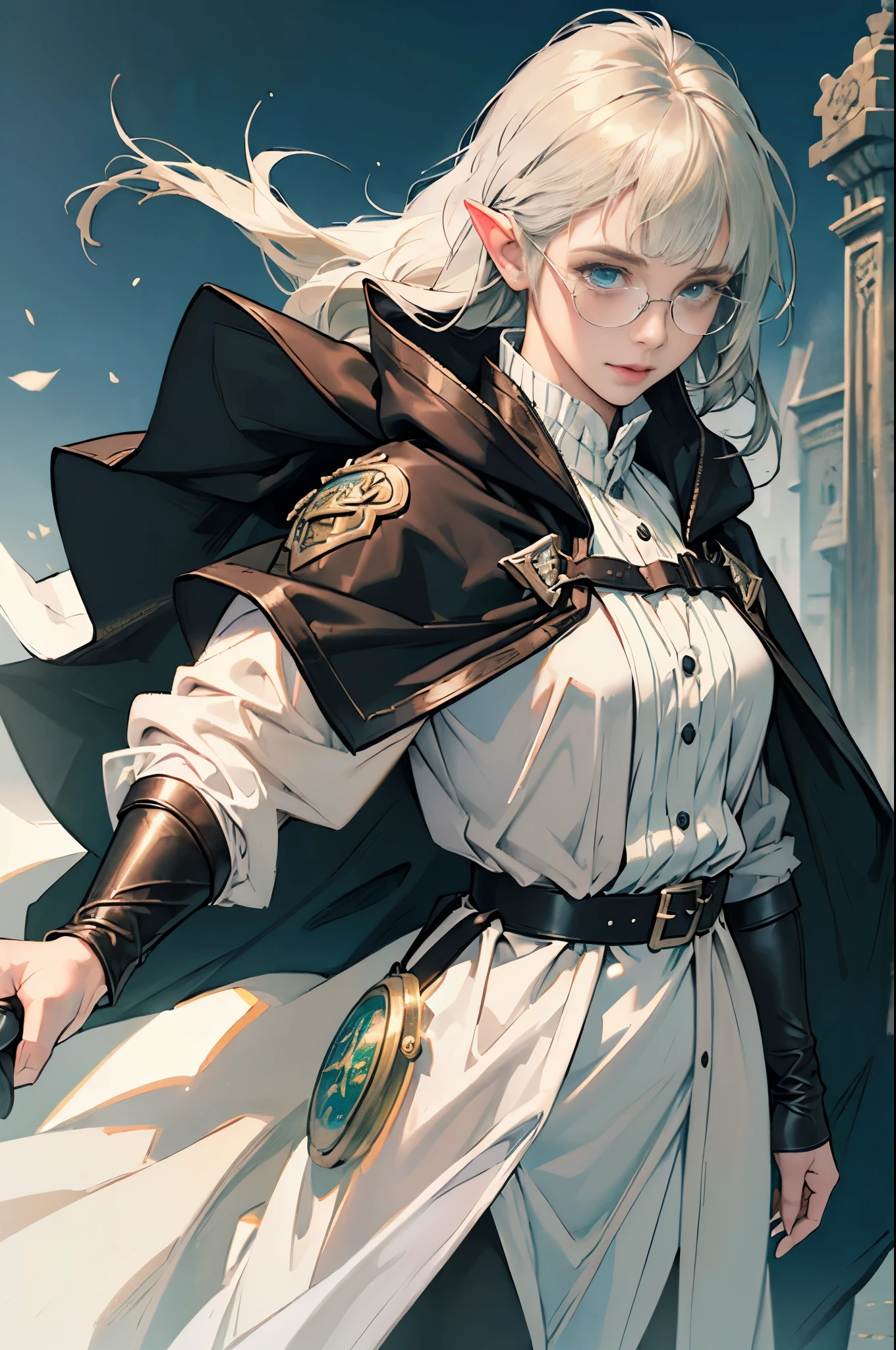 (((((girl))))), masterpiece, ultra detailed, 8K Portrait, Raw photo, woman's portrait photography, full body, Highly detailed smile face, ((Fantasy)), (((hobbit))), ((Adult)), 45 years old, 110cm, (((ALCHEMIST))), ((white skin)), (((greenish dark brown long straight hair))), blunt bangs, (((dark blue silk long cloak))) Fluttering in the wind, (((white inner coat))), leather glove, (((glasses))), (((equip a wand))), Midday sun, Hyper realistic, Slender body, by the foggy castle, Ambient lighting, Shadow details, Camera focus on face, strong breeze, Light fog