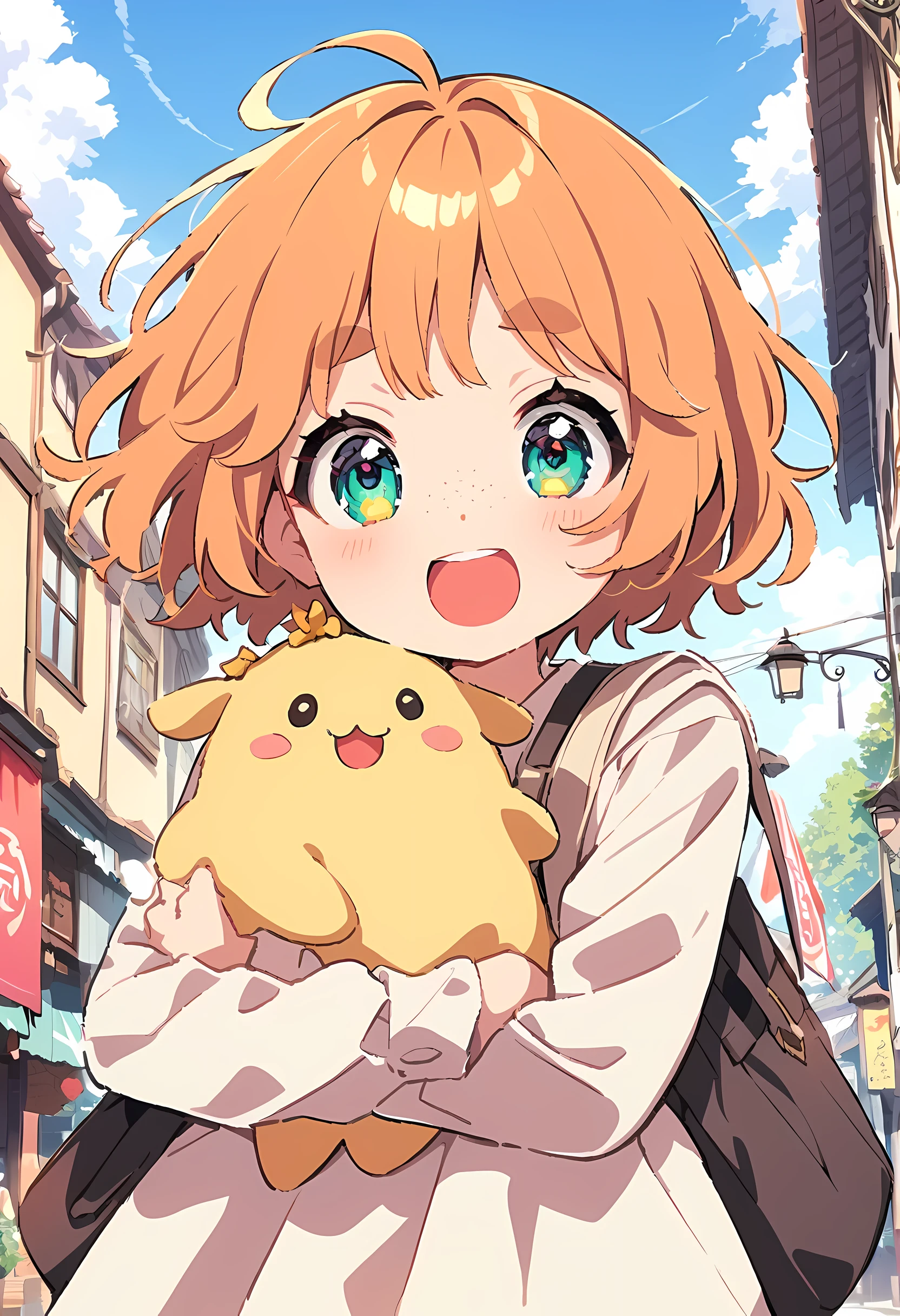 Super super happy and cute little girl, Freckles and ginger hair, holding her cheek