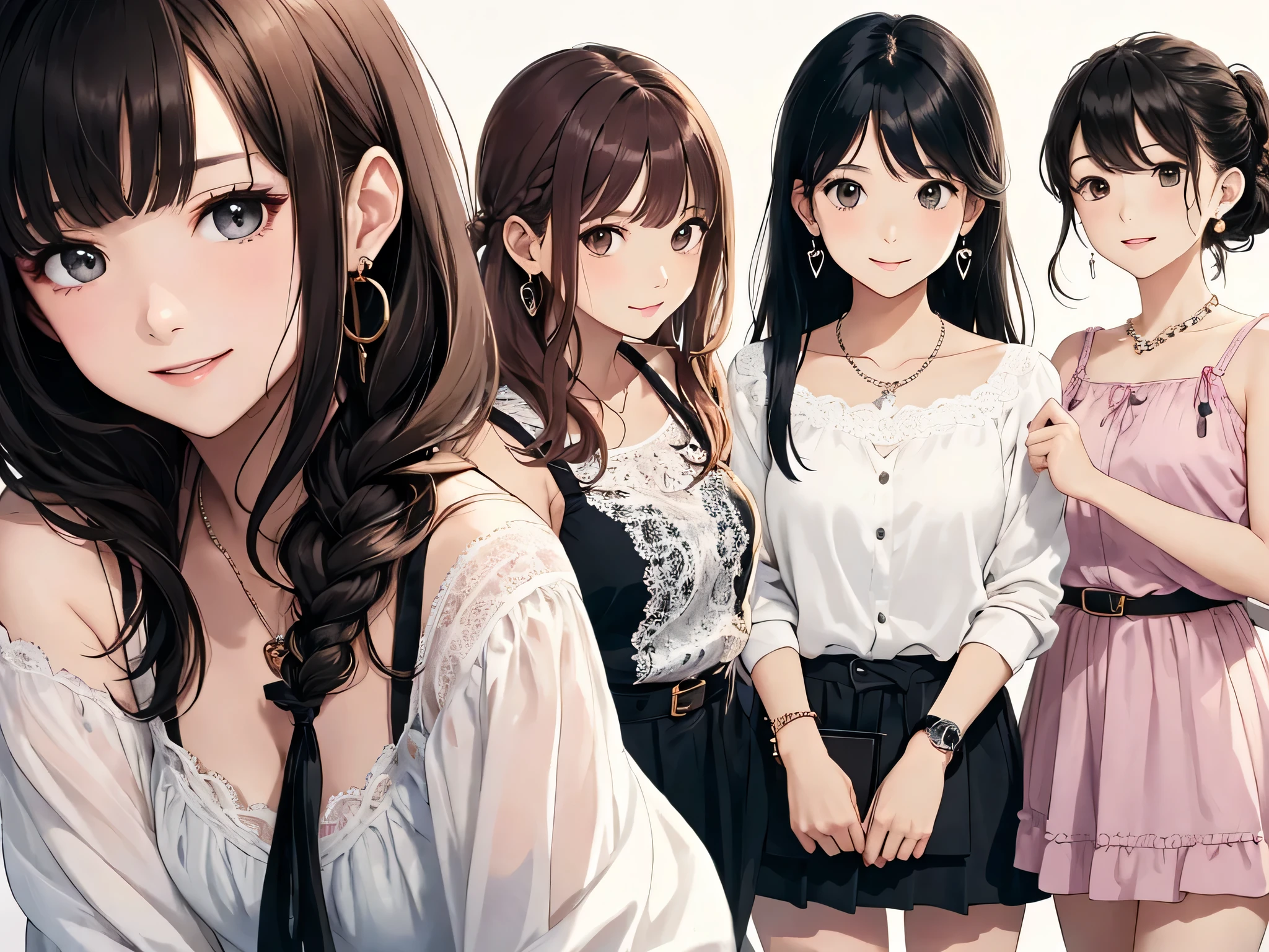 highest quality、High resolution、detailed background、Beautiful and dense face、beautiful and smooth skin、skin texture、cute10代の美少女、(three women)、realistic、perfect body line、black hair braided ponytail、cute髪型、Calm atmosphere、
happy look、smile、laughter、sexual expression、Upper body、Tea time at the cafe、
(three womenが可愛いカフェでおしゃべりを楽しみながらケーキやスイーツを味わう:1.5)、
(three womenが可愛いカフェでおしゃべりを楽しみながらケーキやスイーツを味わう:1.5)、
Choose white or pastel colors for lace tops and flared skirts..、sandals or heels、If the lace top is see-through, Wear it elegantly by layering it with an inner camisole..、
Choose a lace blouse in a soft color and add feminine movement with a pleated skirt.、
Adding lace to the sleeves and collar of the blouse makes it even more cute.、
Choose a colorful lace camisole、Add elegance with a midi skirt。、cute、
Simple and elegant pearl earrings、delicate chain necklace、Choose a design that suits your style, Simple pendants and pendants with stones etc..、
A watch that gives an elegant and sophisticated impression、It is a good idea to choose a design that matches your taste and clothing., leather belts, metal belts, etc..、
A simple bracelet that looks great on your wrist、Choosing a thin chain or a simple design will give you an elegant impression.。.、A thin ring on the fingertip、
When adding accessories, Pay attention to proper balance and layering.、cute