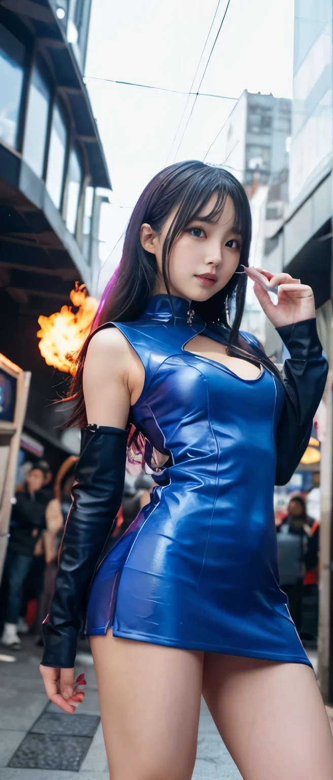 fantasy flame girl night、whole body、good style、、、、、、blue armor mini dress、Neat and clean idol face、cyberpunk city、Has a blazing holy sword、fantastic flame dragon