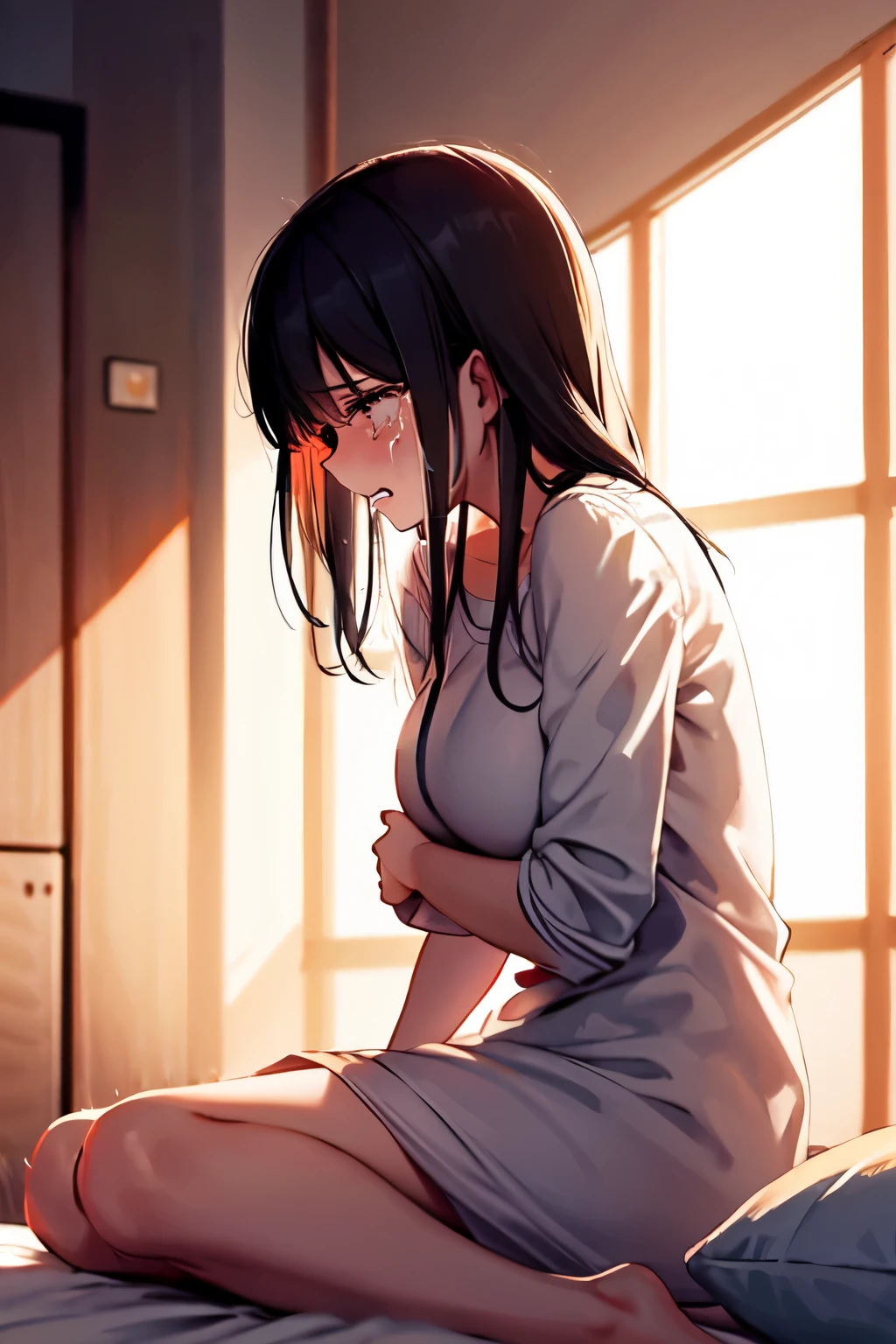 A girl sits alone and cry in her room, tears streaming down her cheeks. The weight of sadness feels heavy on her chest, suffocating her with each shallow breath. She can't seem to shake off the overwhelming sense of despair that has settled deep within her.