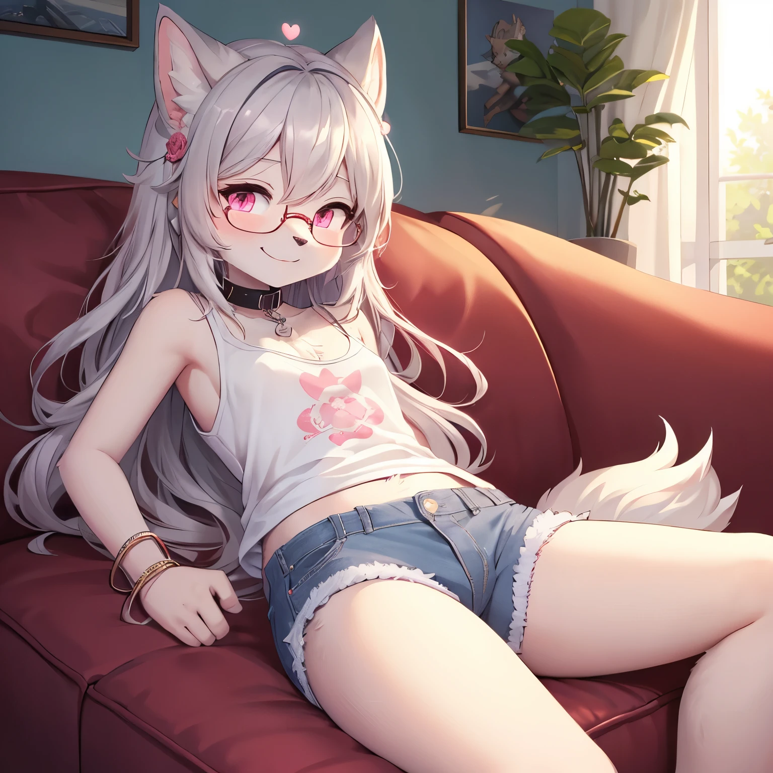 best quality,best resolution,(fluffy anthro furry :1.6),(young :1.6),light grey cat girl,small breasts,pink eyes,glowing eyes,light grey long hair,wavy hair,messy hair,light grey cat ears,heart collar,iron bracelet,glasses,flower hairpin,pink camisole with fish print screen,denim shorts,living room,warm light,lie in sofa,looking at viewer,happy face,smile,full face blush,relax pose