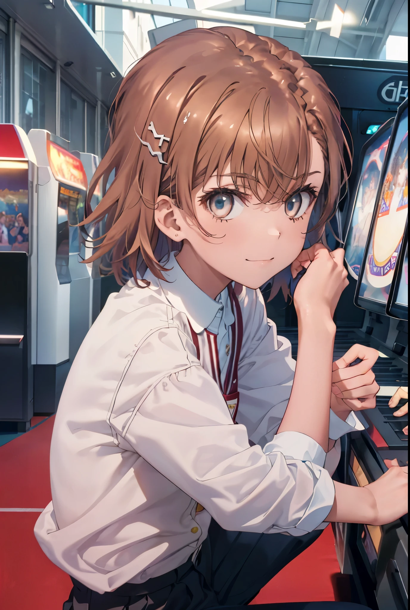 8K,highest quality,masterpiece,(((pixel perfect, Perfect in every detail))), alone, 1 girl, Micotorose, brown eyes,brown hair,short hair,tokiwadai , bow, looking at the viewer, crossed arms, closed mouth, Upper body,smile,sitting Chair, game_center, scenery, arcade cabinet, Chair, poster (object), indoor ,s4g4m1,(masterpiece:1.2), highest quality, High resolution, unity 8K wallpaper, (shape:0.8), (beautiful and detailed eyes:1.6), highly detailed face, perfect lighting, Very detailed CG, (perfect hands, perfect anatomy),