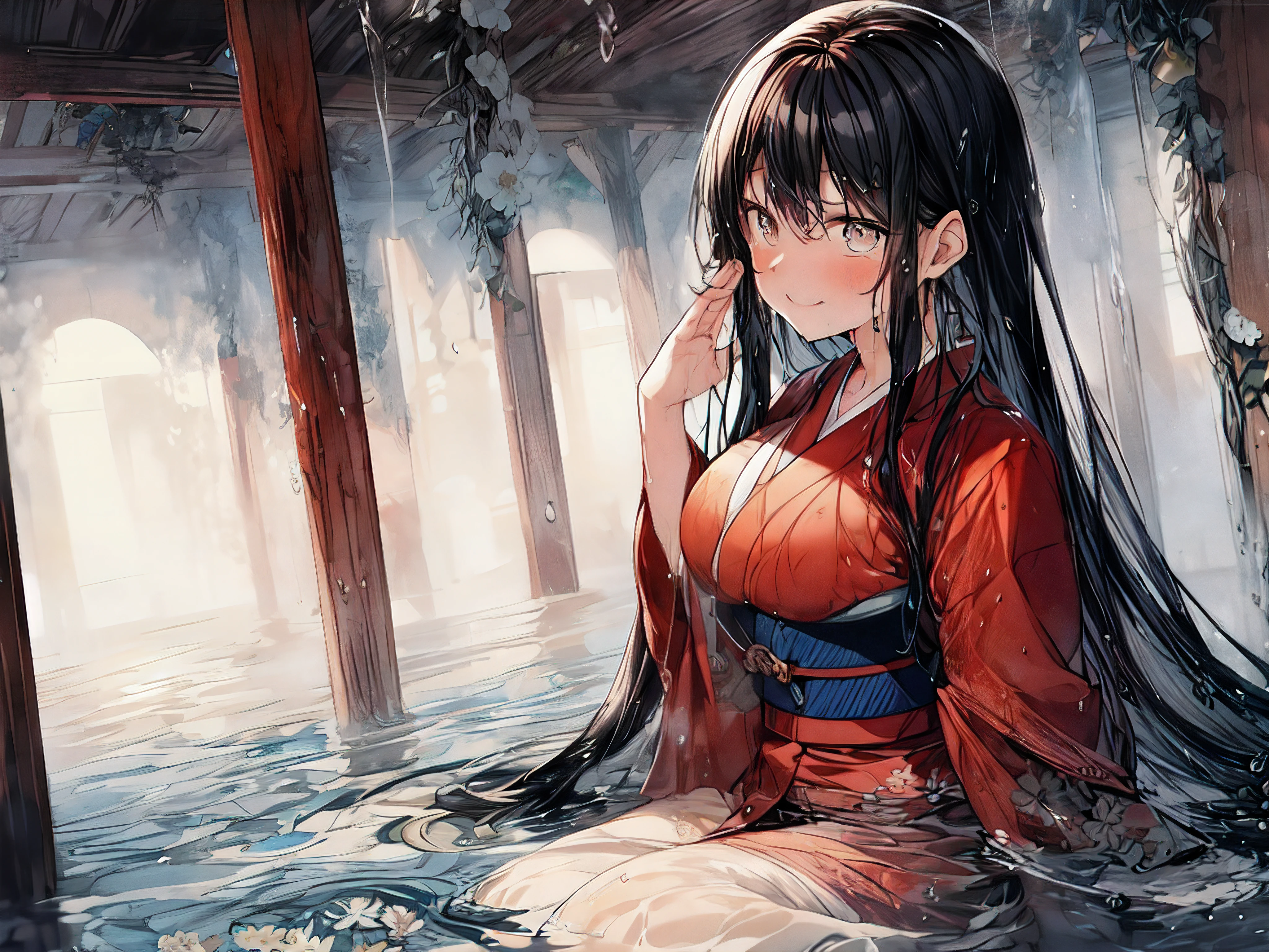 super quAlity, High resolution, intricAte detAils, pAnorAmic, Dutch CApe, Anime little girl weAring (Flower kimono), cotton kimono, (red kimono:1.15), (big kimono, YAmAto clothing sleeves, best cotton texture, Best Wrinkles on A Kimono), Alone, whole body, beAutiful eyes, (PArtiAlly submerged:1.1),PArt of the kimono in the wAter, (squirt, wAter column:1.1) (wet, very wet kimono, wet body, wet long blAck hAir, wet kimono sleeve, wet kimono drees, wet skin:1.1), (cleAr mucus wrAp, wAter droplets), immerse in wAter, PoignAnt And poignAnt, Smiling in despAir, smile in sAdness, shut your mouth, (BeAutiful And delicAte wAter:1.1), (dArk dungeon, dArk tide wet wAter prison, hermetic spAce:1.15), (A), dArk light, light source, (An Atmosphere of despAir:1.15), (wAter mist), Inspired by the mAngA of Itcho HAnAyA, Pixiv Contest Winners, Ukiyo-e, Ukiyo-e Art style, Ukiyo-e style, JApAnese Art style, JApAnese illustrAtor,