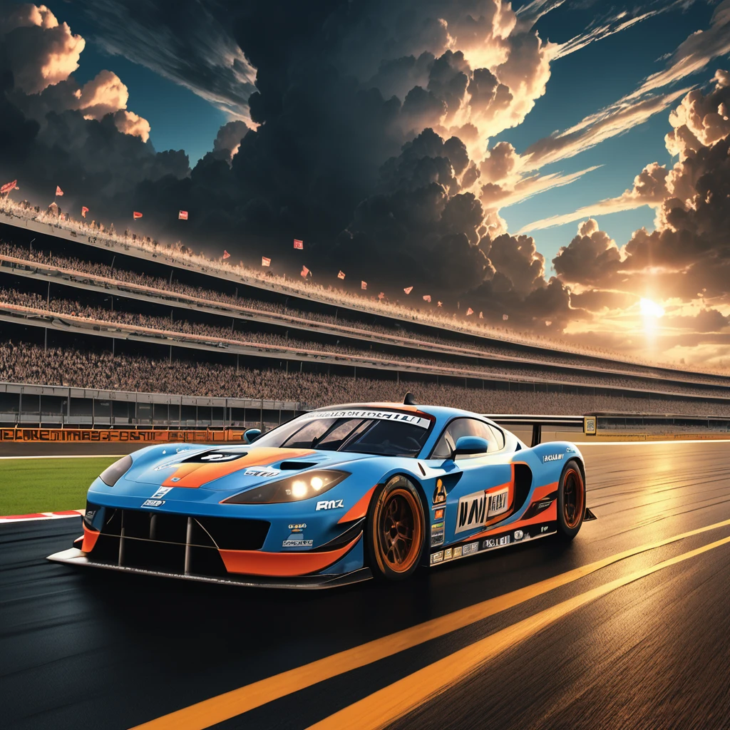 Racing Car, aesthetic, extremely detailed, Two cars, thrilling starting line drag race at the car race track, thunderclouds, dramatic detailed clouds, meticulously hyperdetailed fantasy photo with breathtaking intricate details, by WETA FX and industrial light and magic, intricate elaborate RTX enhanced CGI render