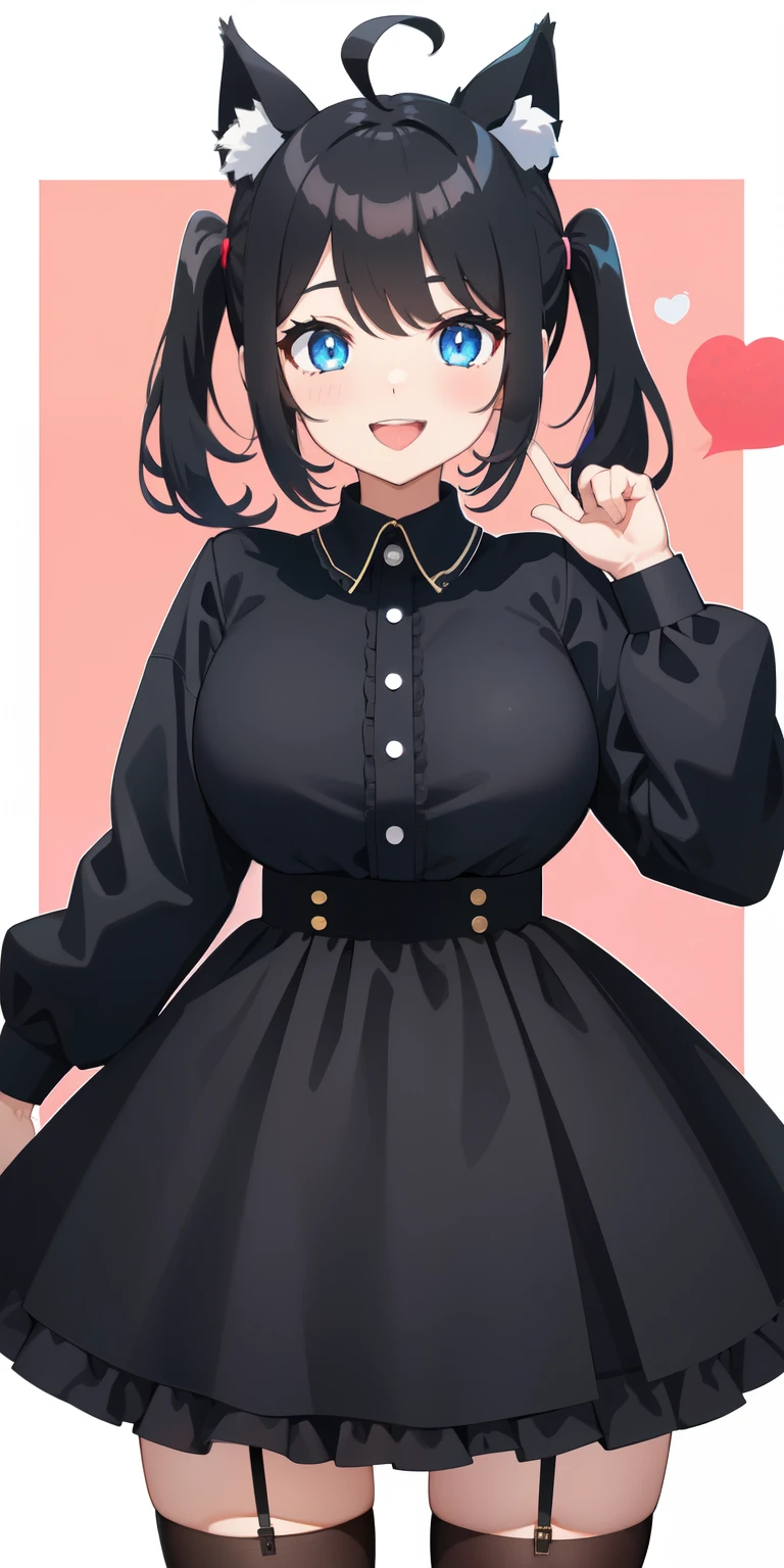 looking at the viewer, 1 girl, open your mouth, smile, Virtual YouTuber、with a girl、((highest quality, expensive_solve, clear_image)),(black hair), (black cat ears), (Ahoge), (ridiculously short hair), (wavy hair), (blue eyes),、laughter、very big breasts,valentine's day、stuck out tongue、twin tails