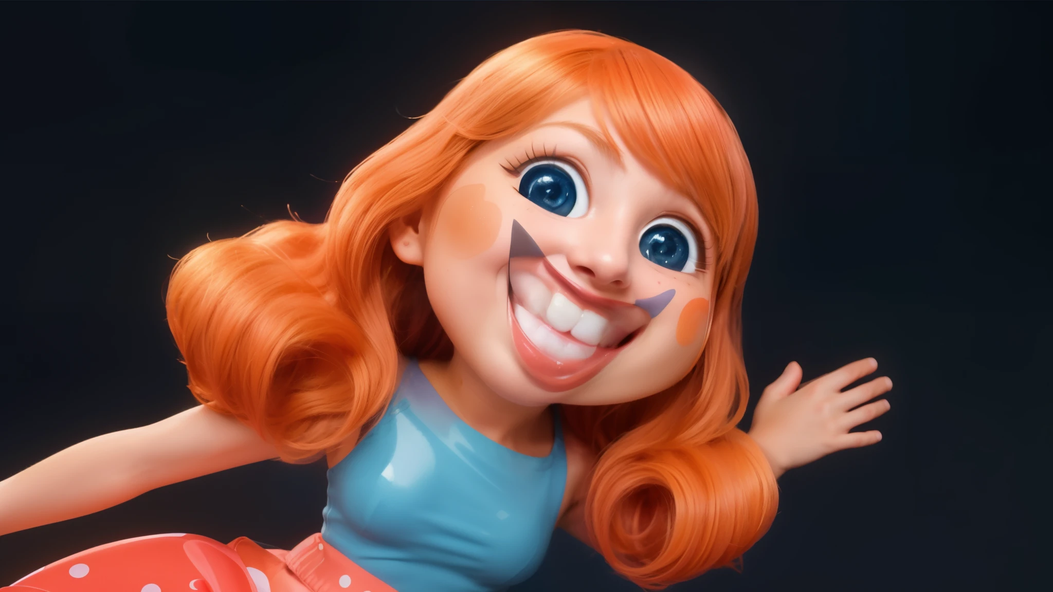 red-haired cartoon girl,big smile,huge grin,white painted teeth,cheerful expression,wavy hair,vibrant colors,playful pose,cute outfit,sparkling eyes,expressive eyebrows,blushing cheeks,joyful background,artistic illustration style,high-quality rendering,masterpiece:1.2,ultra-detailed,realistic,photorealistic:1.37,vivid colors,warm color tones,soft lighting