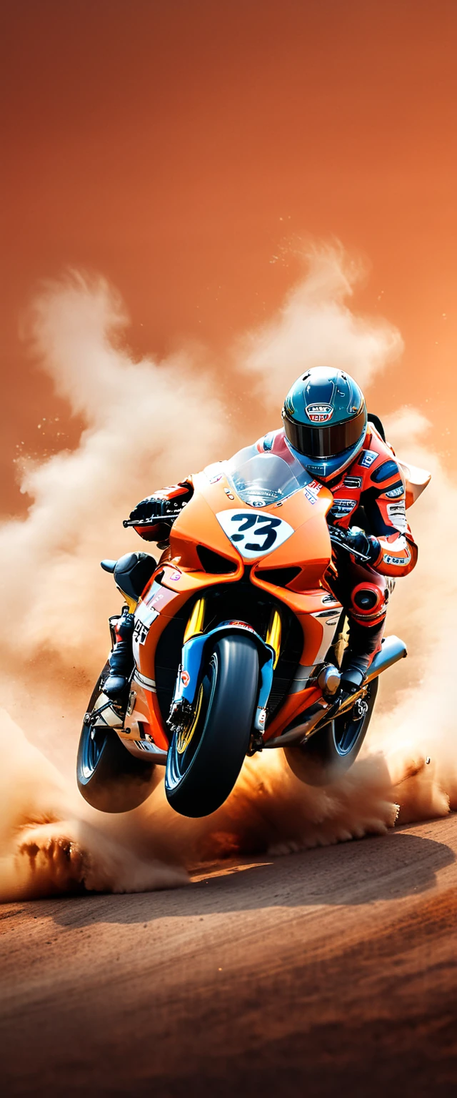 This is a photo composite.double contact.There is a cool motorcycle racing car，The background is shaped by a running wolf。Presentation of speed racing。The background of the picture is in a watercolor style with dark orange gradient，minimalist design。The bottom is equipped with the words &quot;PORSCHE&quot;。Picture quality HD.(best quality,4k,8k,high resolution,masterpiece:1.2),Super detailed,(actual,photoactual,photo-actual:1.37),