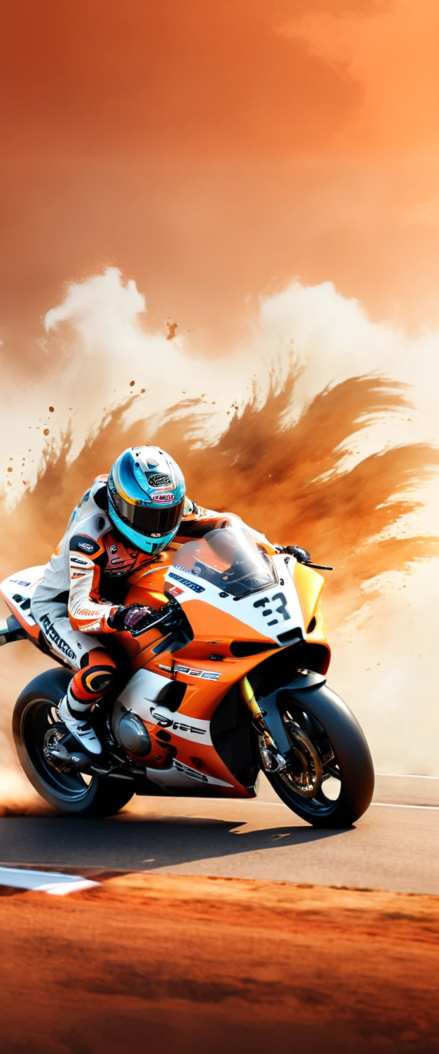 This is a photo composite.double contact.There is a cool motorcycle racing car，The background is shaped by a running wolf。Presentation of speed racing。The background of the picture is in a watercolor style with dark orange gradient，minimalist design。The bottom is equipped with the words &quot;PORSCHE&quot;。Picture quality HD.(best quality,4k,8k,high resolution,masterpiece:1.2),Super detailed,(actual,photoactual,photo-actual:1.37),