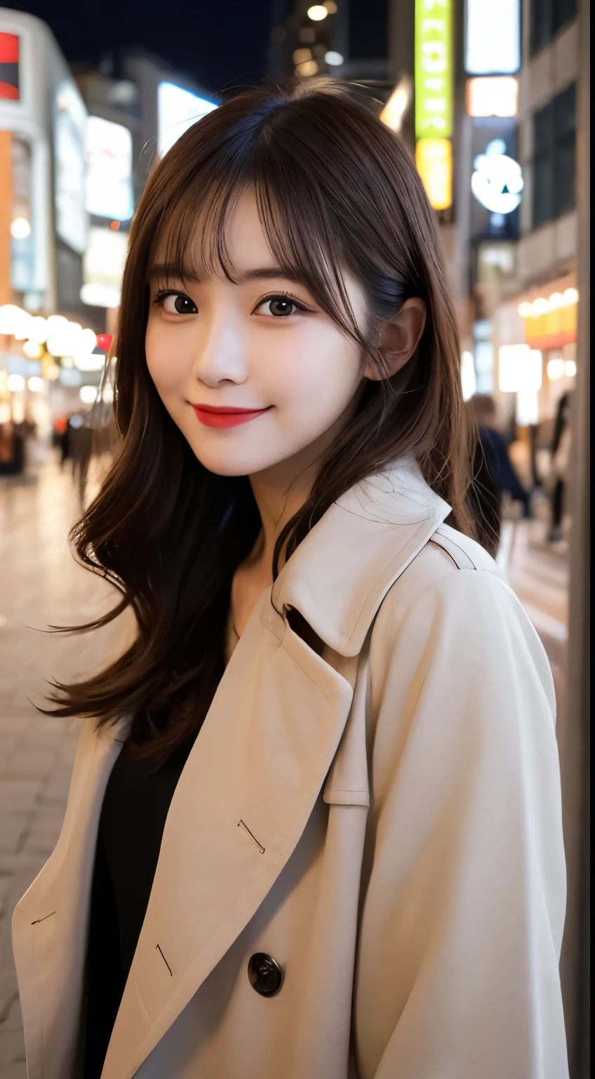 table top, highest quality, shape, Super detailed, finely, High resolution, 8k wallpaper, 完璧なダイナミックな構shape, beautiful and detailed eyes, Gorgeous black fluffy Tokyo winter clothes,ランダムなcute髪,,natural color lip, bold sexy pose,smile、20 year old girl、cute、sexy shot looking at camera,Always blur the background,perfect and beautiful face,Take only the face,Beautiful and dense face、slim face and style,Big eyes、Do gal makeup,small face,wear a spring trench coat、smile、night mode