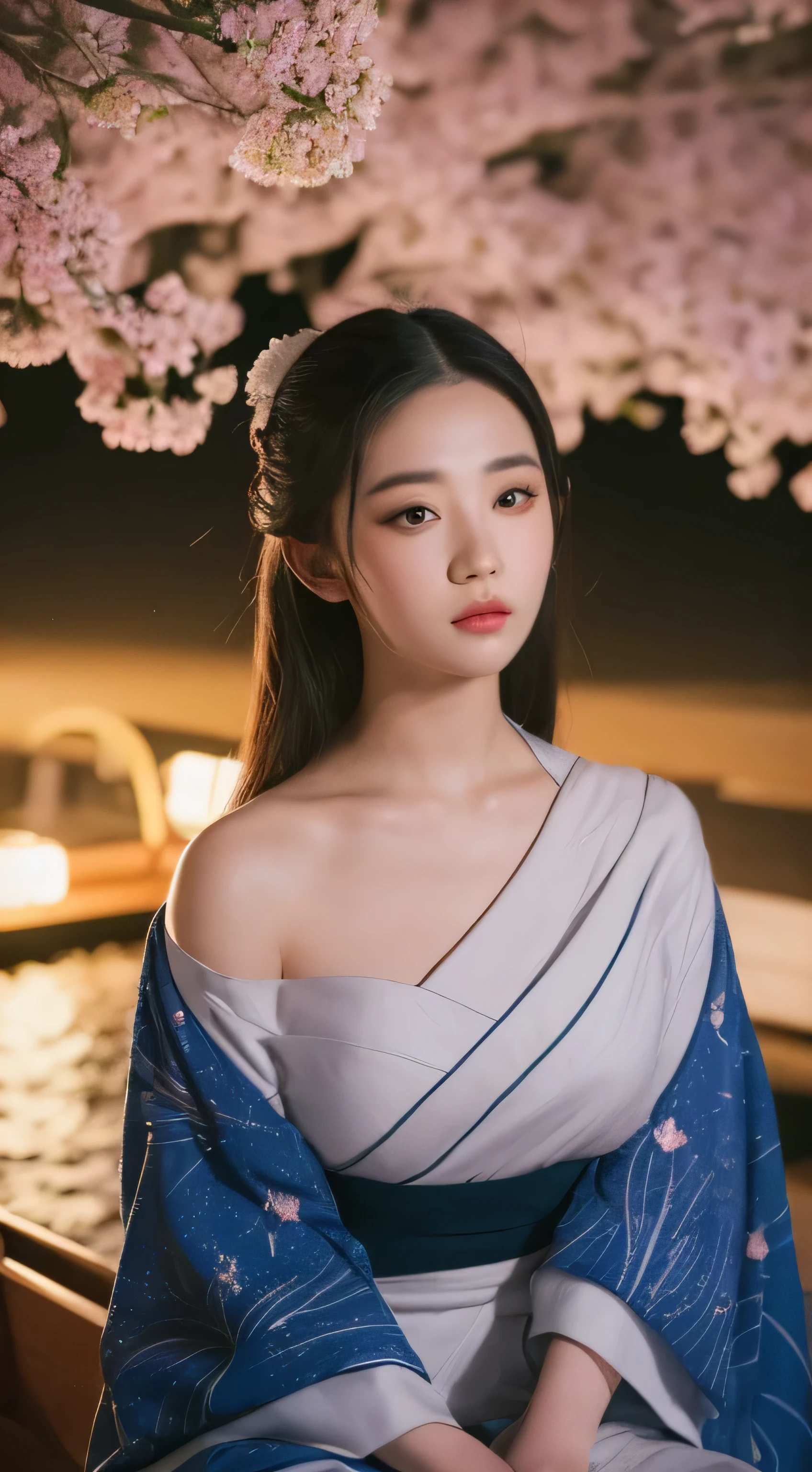 ((Best quality, 8k, Masterpiece :1.3)), Beautiful geisha in kimono.bare shoulders, ((wide shot)),Sitting on a small boat. Laked. Night view. decorated with moonlight••Shooting from top to bottom angle_Full body:1.7_snapshot, photo, high resolution, 4k, 8k, bokeh background)) mix4, 20d_Tattoo face texture. Tattoo Hand. Chest tattoo. Shoulder tattoo. Sakura tree in the background
