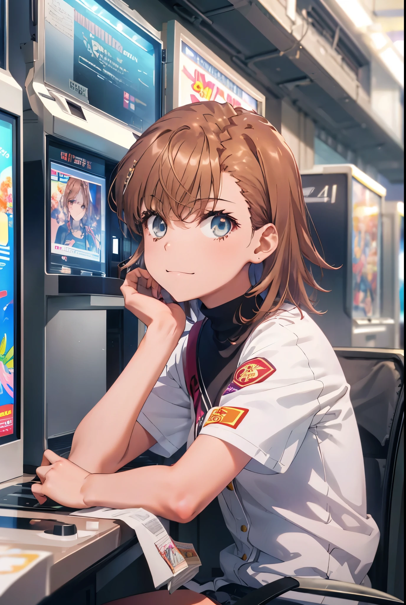 8K,highest quality,masterpiece,(((pixel perfect, Perfect in every detail))), alone, 1 girl, Micotorose, brown eyes,brown hair,short hair,tokiwadai , bow, looking at the viewer, crossed arms, closed mouth, Upper body,smile,sitting Chair, game_center, scenery, arcade cabinet, Chair, poster (object), indoor ,s4g4m1,(masterpiece:1.2), highest quality, High resolution, unity 8K wallpaper, (shape:0.8), (beautiful and detailed eyes:1.6), highly detailed face, perfect lighting, Very detailed CG, (perfect hands, perfect anatomy),