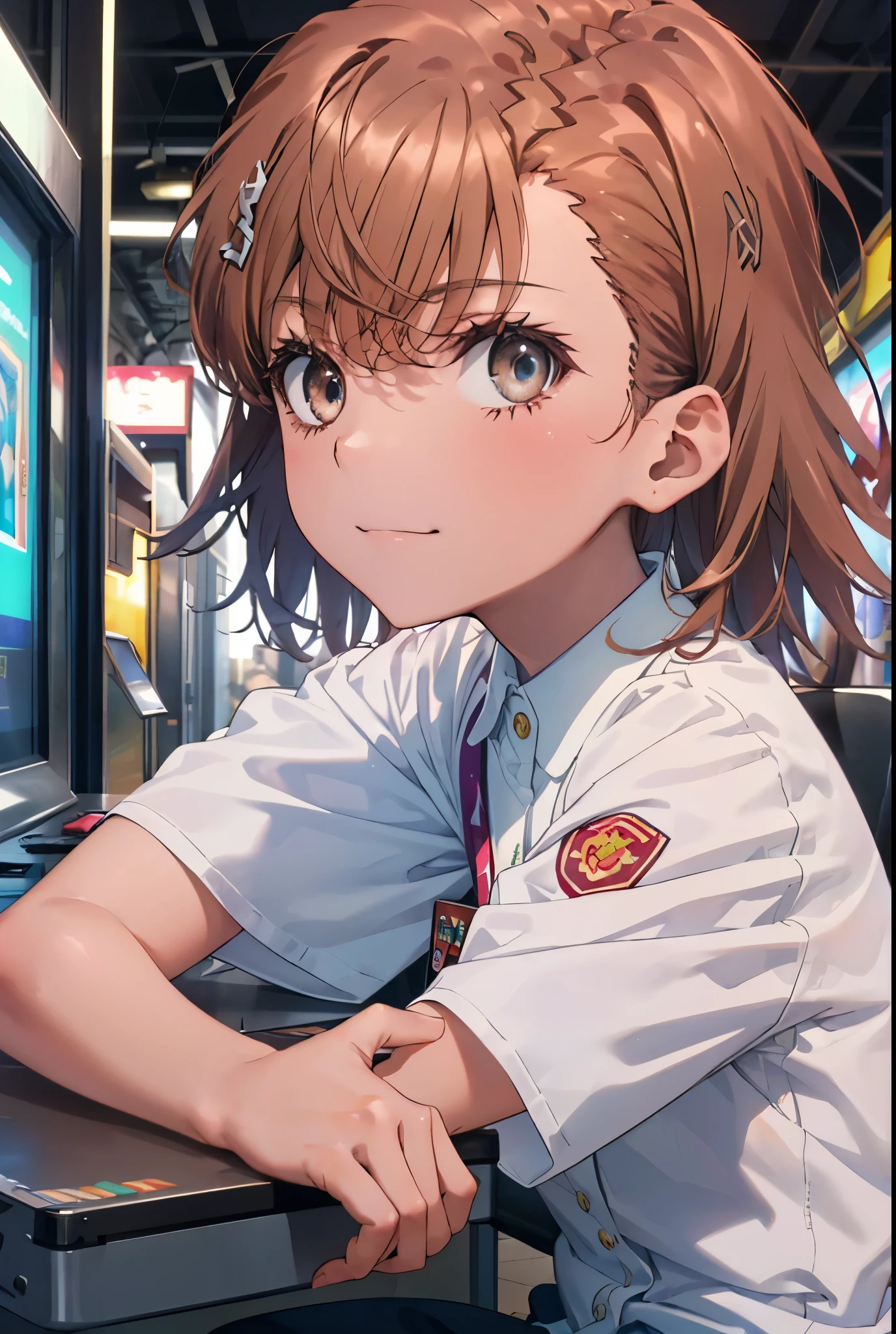 8K,highest quality,masterpiece,(((pixel perfect, Perfect in every detail))), alone, 1 girl, Micotorose, brown eyes,brown hair,short hair,tokiwadai , bow, looking at the viewer, crossed arms, closed mouth, Upper body,smile,sitting Chair, game_center, scenery, arcade cabinet, Chair, poster (object), indoor ,s4g4m1,(masterpiece:1.2), highest quality, High resolution, unity 8K wallpaper, (shape:0.8), (beautiful and detailed eyes:1.6), highly detailed face, perfect lighting, Very detailed CG, (perfect hands, perfect anatomy),