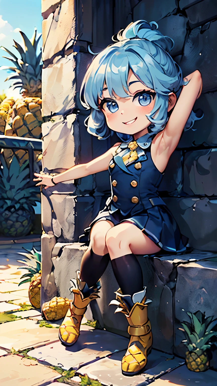 (perfect first take、Shin-e、A piece of miracle:1.1)、(pineapple、chibi whole body、slim body、8k、highest quality、Moe:1.5),(Ultra-detailed retina、super detail eyes、attractive face、chibi makeup:1.3)、(light blue hair、light blue eyes、pineappleモチーフ、Delicate bristles、Short chignon hair:1.5)、(best lighting、best shadow、very delicate and beautiful:1.2)、(train、stone floor、stone wall:1.1)、(sit down、civil servant cadet:1.3) ,(hair is frizzy、bright park、spats、short bootedal、uniform、upper grade、raise one hand with all your might、The armpit that I saw by chance、happiness、A big smile、close distance:1.3)