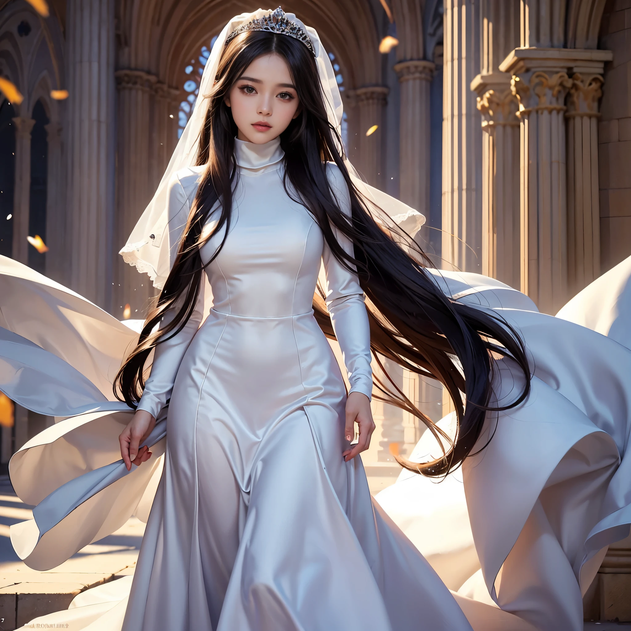 best quality, masterpiece, 1 girl, Very pretty, yak, cute , shiny lips, sweet, sun glare, Conservative attire, turtleneck wedding dress, bridal tiara, depth of field, blurred background, Cathedral Background, light particles, strong wind, head tilt, long hair,