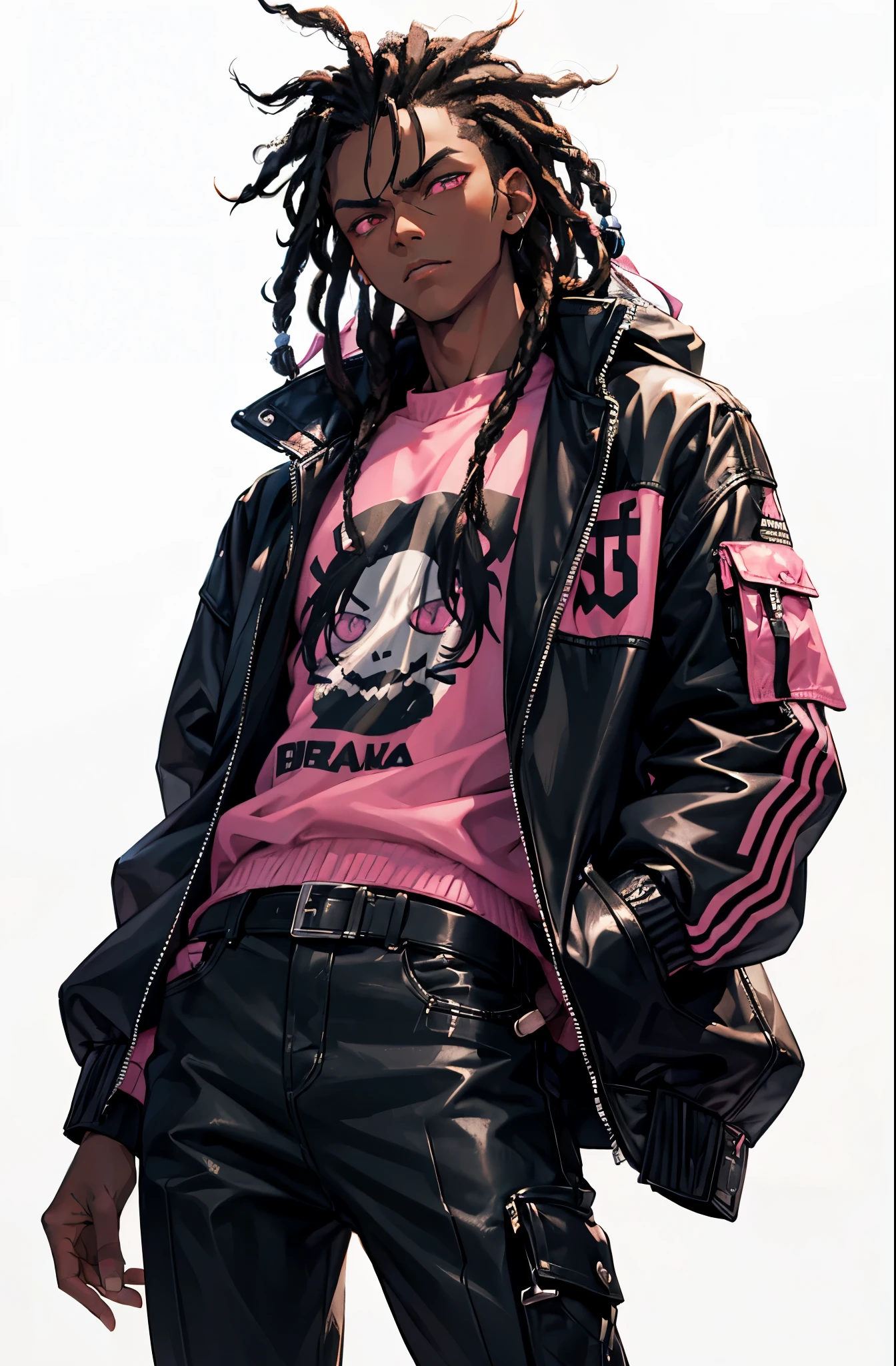 1boy, male, mid 20s, mature, dark skin, black hair, dreadlocks, african, pink eyes, black jacket, racing jacket, punk rock, glaring, from the waist up
