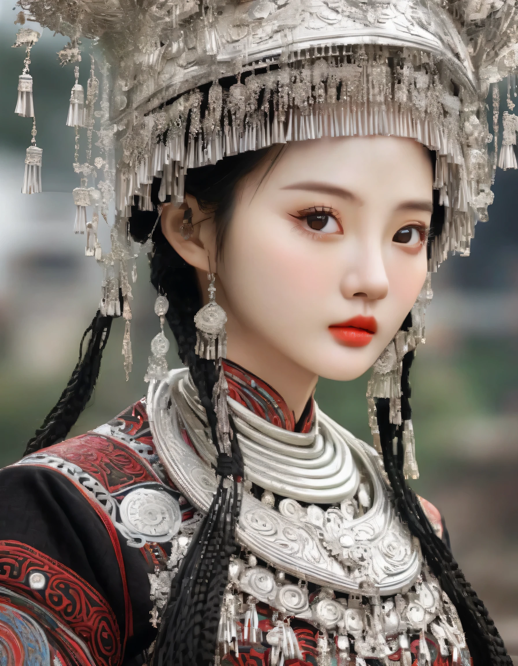 (best quality,8K,masterpiece:1.2),Astonishing,Gorgeous Chinese girl,Queen,Detailed skin details,Bright Eyes,Gorgeous eyelashes,standing alone,looking at the audience,minority:1.5,Silver jewelry:1.2,silver hat crown:1.5,silver tassel:1.37,silver necklace,Silver texture,brilho prata,Upper body,long sleeve,dark ethnic wear,long skirt:1.2,waist,Black and red linen fabric details,Characteristics of Miao costumes,totem)