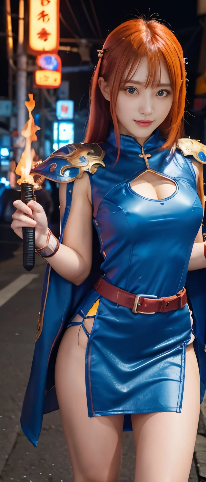 fantasy flame girl night、whole body、good style、、、、、、blue armor mini dress、Neat and clean idol face、cyberpunk city、Holding a flaming sword、fantastic flame dragon belt、flame pattern cloak、colorful orange hair