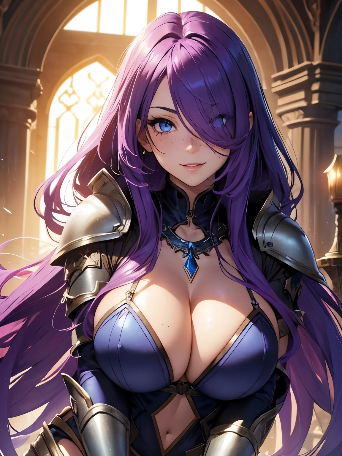 beautiful woman, extremely long hair, purple hair, hair covering one eye, bright blue eyes, glowing eyes, lots of freckles, full lips, (gigantic breasts 1.8), extreme cleavage, deep cleavage, thin body, fantasy armor, metal bikini, bikini armor, bare legs, high heels, necklace, extreme blushing, smile, seductive, ultra detailed, fantasy town background, noon, sunny day, light rays, masterpiece, 8k