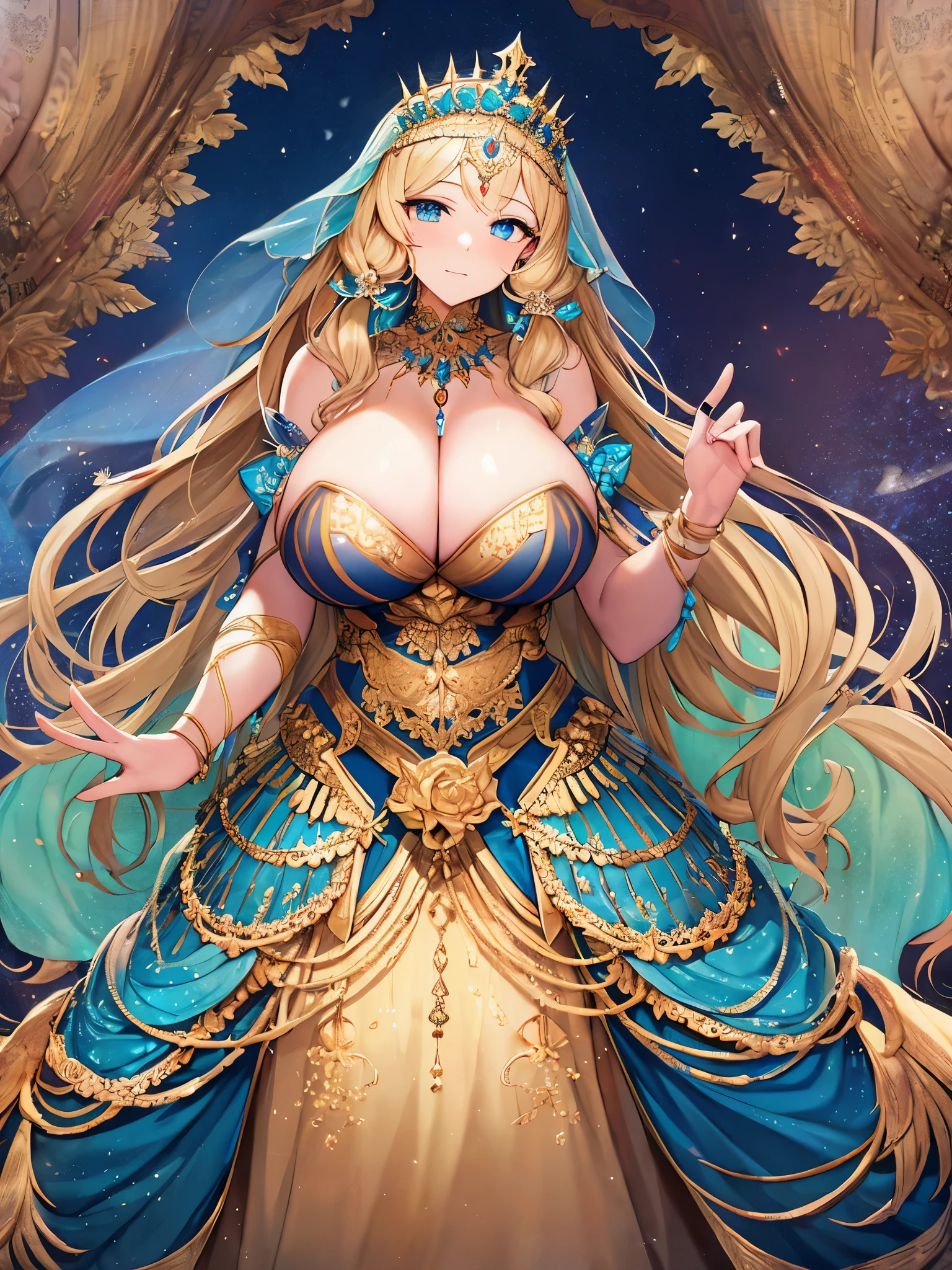 ((anime artstyle)),(((absurdres, Full-HD))),(Masterpiece),(Best Quality),(Super Detail),((Very Delicate and Beautiful)),cinematic lighting,Solo,full body,((full body shot)),((1 gorgeous rococo princess)),detailed face and eyes,jewel-like eyes,((((very very gigantic tits,cleavage,curvy)))),Skindentation,((fantasy castle,outdoor)),((crinoline,long train)),super detailed gorgeous princess rococo ballgown with voluminous full length hoop skirt and long train,((gorgeous rococo ballgown with beautiful embroidery and jeweled)),((large amount of straight hair, absurdly long hair,Very Long Straight Hair)),extremely gorgeousfull hair ornament,(bling-bling extremely gorgeousfull jeweled tiara),luxurious jewelry,full body shot,((gorgeous rococo ballgown with voluminous full length hoop skirt))