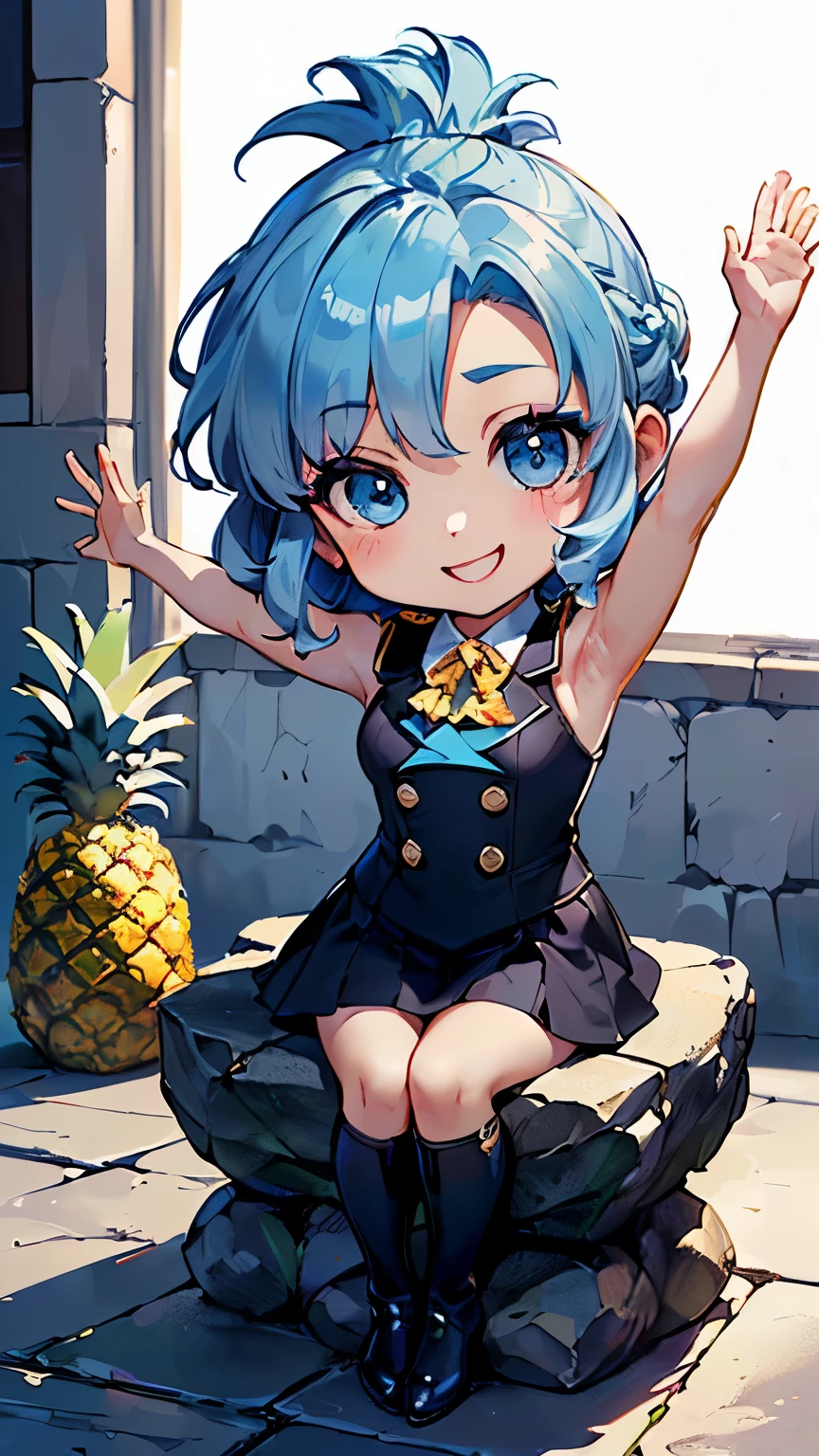 (perfect first take、Shin-e、A piece of miracle:1.1)、(pineapple、chibi whole body、slim body、8k、highest quality、Moe:1.5),(Ultra-detailed retina、super detail eyes、attractive face、chibi makeup:1.3)、(light blue hair、light blue eyes、pineappleモチーフ、Delicate bristles、Short chignon hair:1.5)、(best lighting、best shadow、very delicate and beautiful:1.2)、(train、stone floor、stone wall:1.1)、(sit down、civil servant cadet:1.3) ,(hair is frizzy、bright park、spats、short bootedal、uniform、upper grade、raise one hand with all your might、The armpit that I saw by chance、happiness、A big smile、close distance:1.3)