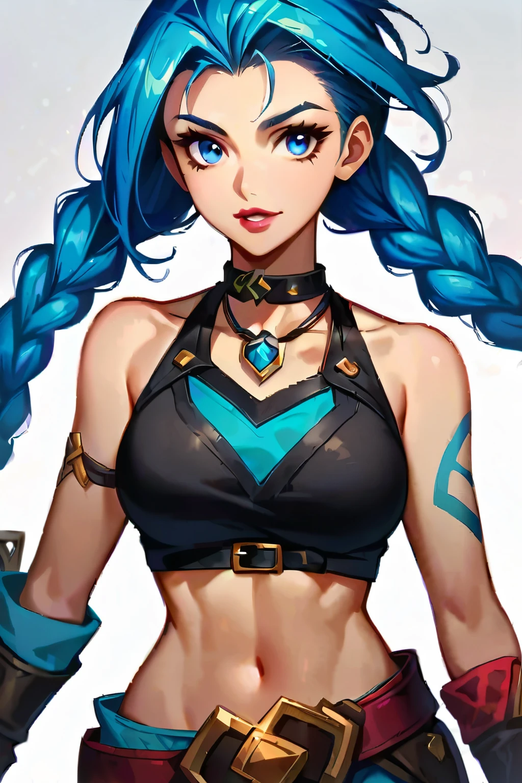 jinx
1girl
bare shoulders
belt
belt buckle
blue eyes
blue hair
braid
breasts
buckle
choker
collarbone
crop top
eyelashes
forehead
gloves
jewelry
jinx \(league of legends\)
lips
lipstick
long hair
looking at viewer
makeup
medium breasts
midriff
navel
necklace
parted lips
skirt
solo
tattoo
toned
twin braids