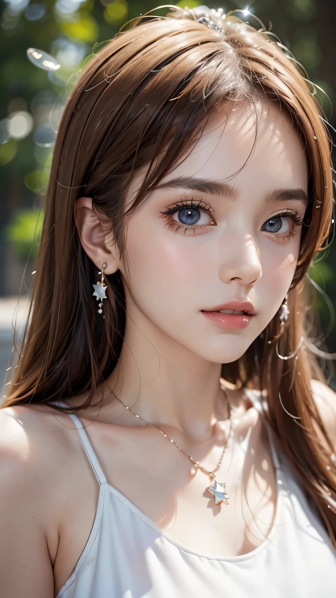 (Close-up:1.4)、(RAW photo:1.2)、(photorealistic:1.4)、(masterpiece:1.3)、(highest quality:1.4)、(Beautiful woman with perfect body:1.4)、(perfect anatomy:1.2)、beautiful college girl、muste piece、Makeup is light、red lips、silver hair、messy long hair、street background、Beautiful、elegant、Ultra-fine detailaster works、texture of reality、cinematic lighting realism、perfect job、8K、exquisite facial features、white tight open cut top、transparent white tight shorts、slimming、bright big eyes、earrings、necklace、
