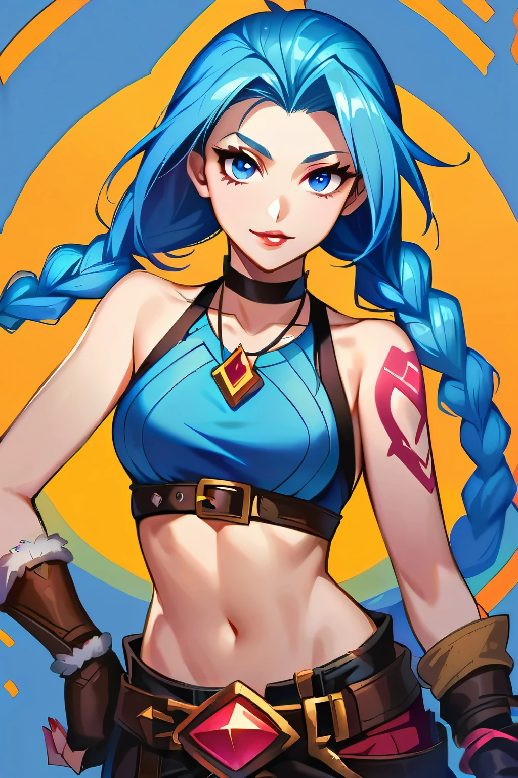 jinx
1girl
bare shoulders
belt
belt buckle
blue eyes
blue hair
braid
breasts
buckle
choker
collarbone
crop top
eyelashes
forehead
gloves
jewelry
jinx \(league of legends\)
lips
lipstick
long hair
looking at viewer
makeup
medium breasts
midriff
navel
necklace
parted lips
skirt
solo
tattoo
toned
twin braids