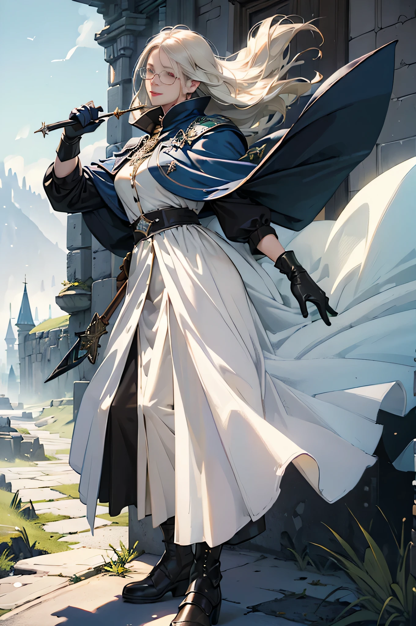 (((((girl))))), masterpiece, super detailed, 8K portrait, Raw photo, female portrait photography, full body, Highly detailed smile, ((fantasy)), (((hobbit))), ((adult)), 45 years old, 110cm, (((Alchemist))), ((white skin)), (((Greenish dark brown long straight hair))), dull bangs, (((navy blue silk long cloak))) fluttering in the wind, (((white inner coat))), long skirt leather gloves, (((Glasses))), (((equip a cane))), midday sun, surreal, slender body, Near the fog castle, environmental lighting, shadow details, focus the camera on the face, strong wind, light fog