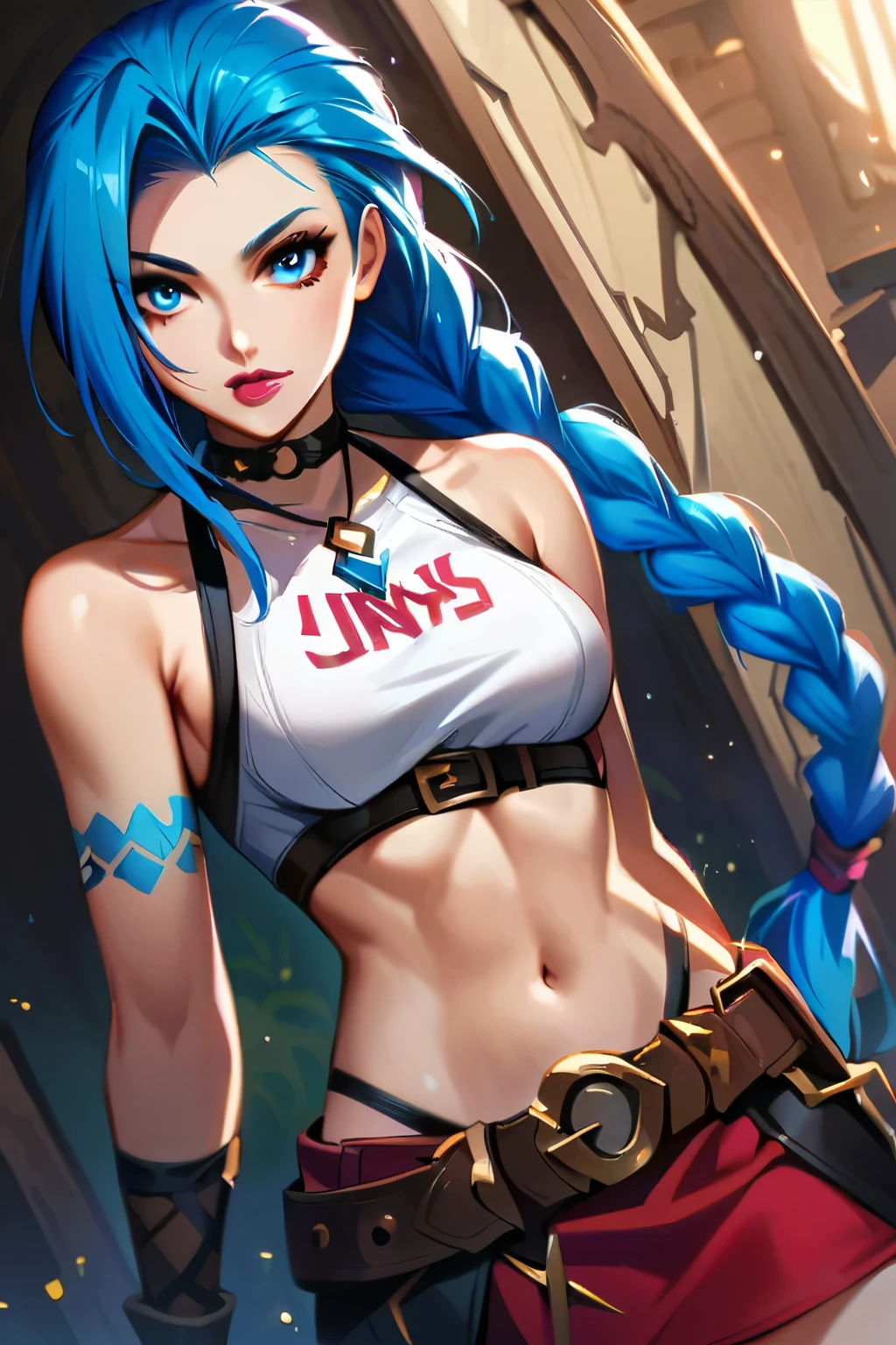 jinx
1girl
bare shoulders
belt
belt buckle
blue eyes
blue hair
braid
breasts
buckle
choker
collarbone
crop top
eyelashes
forehead
gloves
jewelry
jinx \(league of legends\)
lips
lipstick
long hair
looking at viewer
makeup
medium breasts
midriff
navel
necklace
parted lips
skirt
solo
tattoo
toned
twin braids