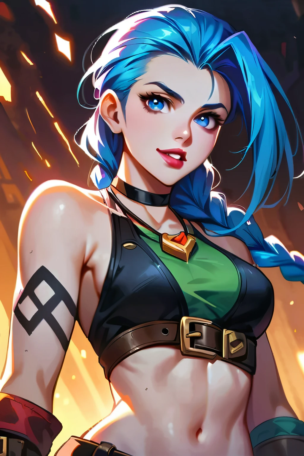 jinx
1girl
bare shoulders
belt
belt buckle
blue eyes
blue hair
braid
breasts
buckle
choker
collarbone
crop top
eyelashes
forehead
gloves
jewelry
jinx \(league of legends\)
lips
lipstick
long hair
looking at viewer
makeup
medium breasts
midriff
navel
necklace
parted lips
skirt
solo
tattoo
toned
twin braids