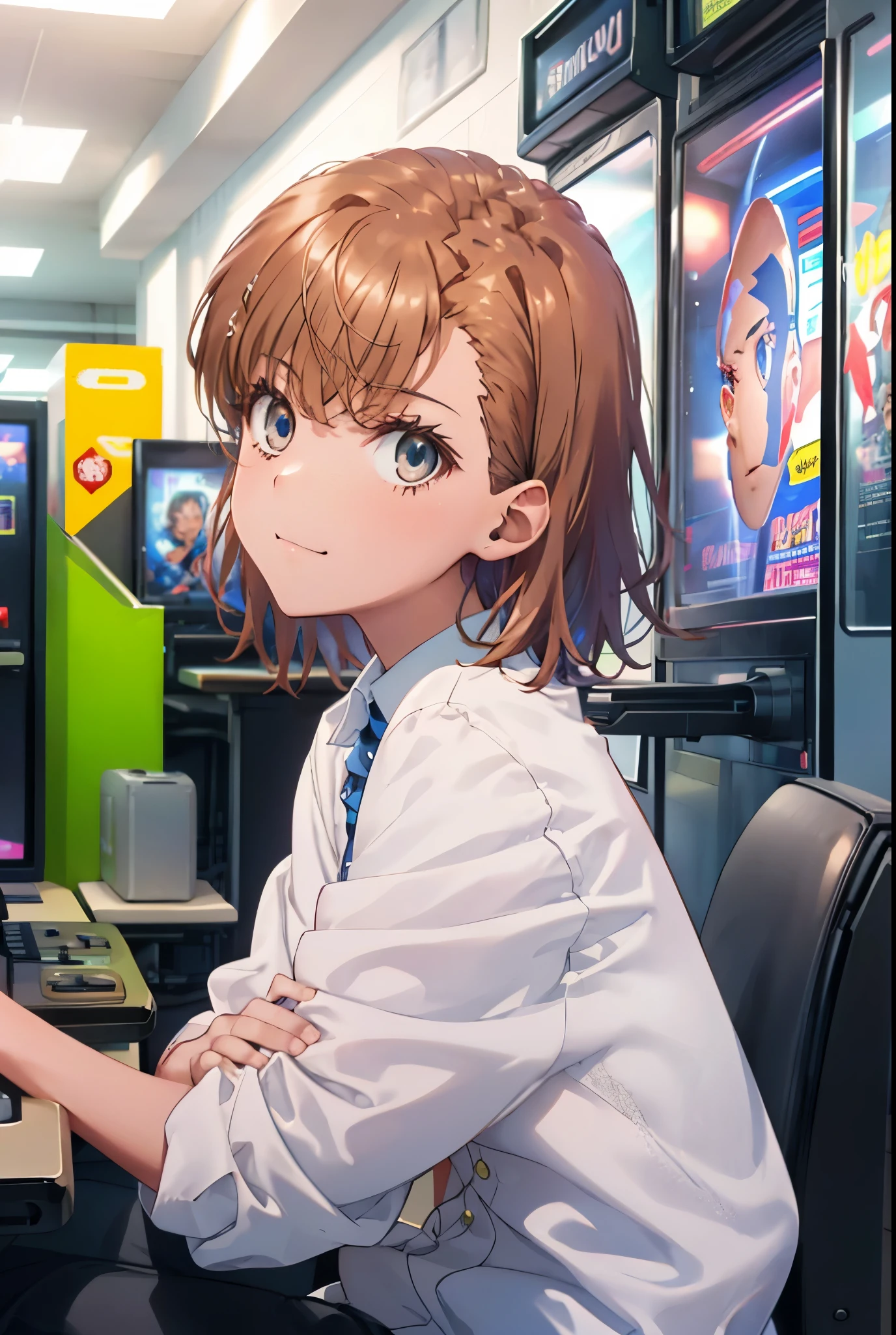 8K,highest quality,masterpiece,(((pixel perfect, Perfect in every detail))), alone, 1 girl, Micotorose, brown eyes,brown hair,short hair,tokiwadai , bow, looking at the viewer, crossed arms, closed mouth, Upper body,smile,sitting Chair, game_center, scenery, arcade cabinet, Chair, poster (object), indoor ,s4g4m1,(masterpiece:1.2), highest quality, High resolution, unity 8K wallpaper, (shape:0.8), (beautiful and detailed eyes:1.6), highly detailed face, perfect lighting, Very detailed CG, (perfect hands, perfect anatomy),