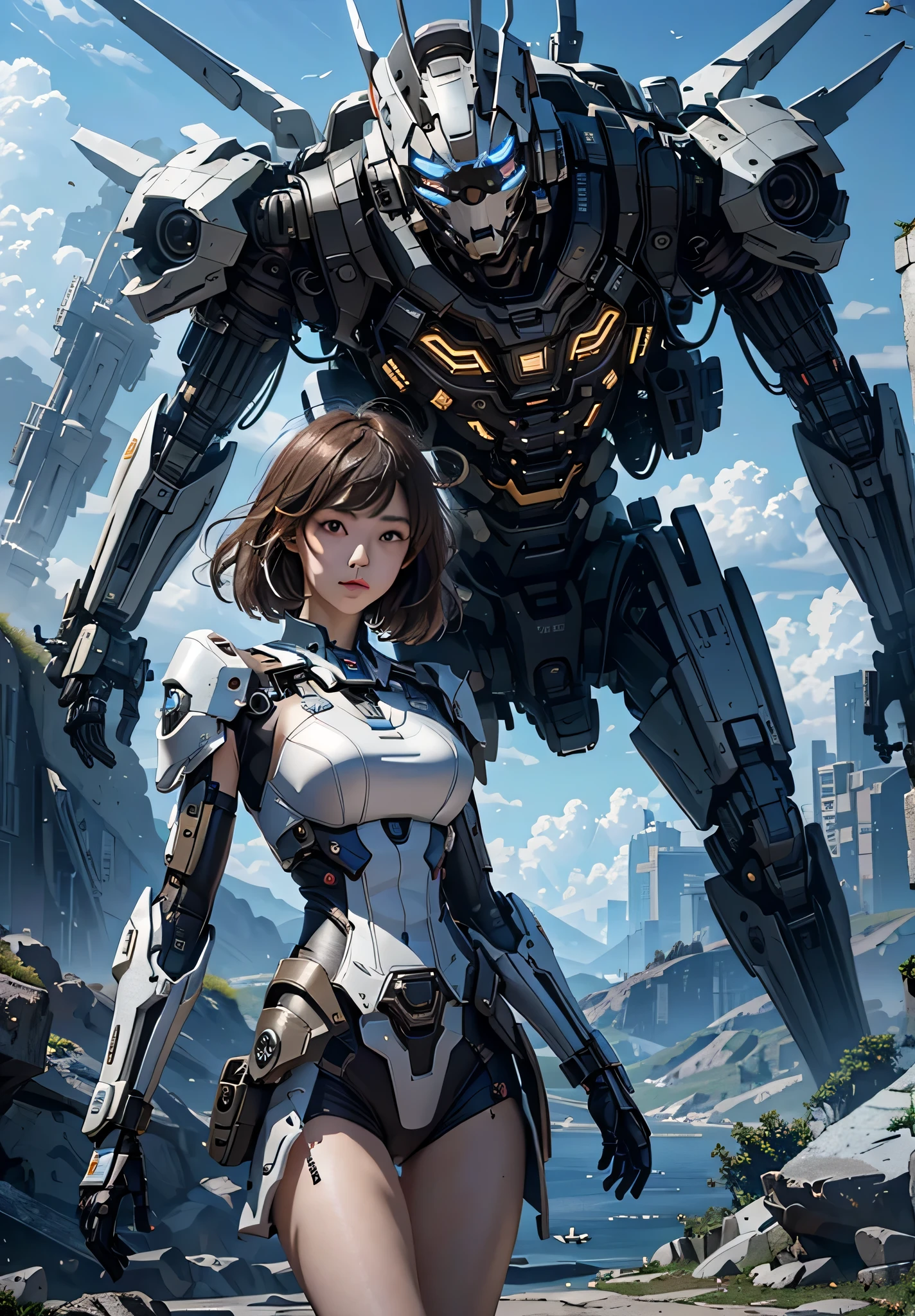 ((Best Quality)), ((Masterpiece)), (Very Detailed:1.3), 3D, Shitu-mecha, Beautiful cyberpunk woman with her pink mech in the ruins of a city in the forgotten war, Ancient technology, HDR (High Dynamic Range), ray tracing, NVIDIA RTX, super resolution, unreal 5, subsurface scattering, PBR texture, post-processing, anisotropic filtering, depth of field, maximum sharpness and sharpness, multi-layer texture, albedo and highlight maps, surface shading, Accurate simulation of light-material interactions, perfect proportions, octane rendering, duotone lighting, low ISO, white balance, rule of thirds, wide aperture, 8K RAW, high efficiency sub-pixels, subpixel convolution, luminous particles, light scattering, tyndall effect (whole body), (delicate facial features), (perfect face), dynamic angles.