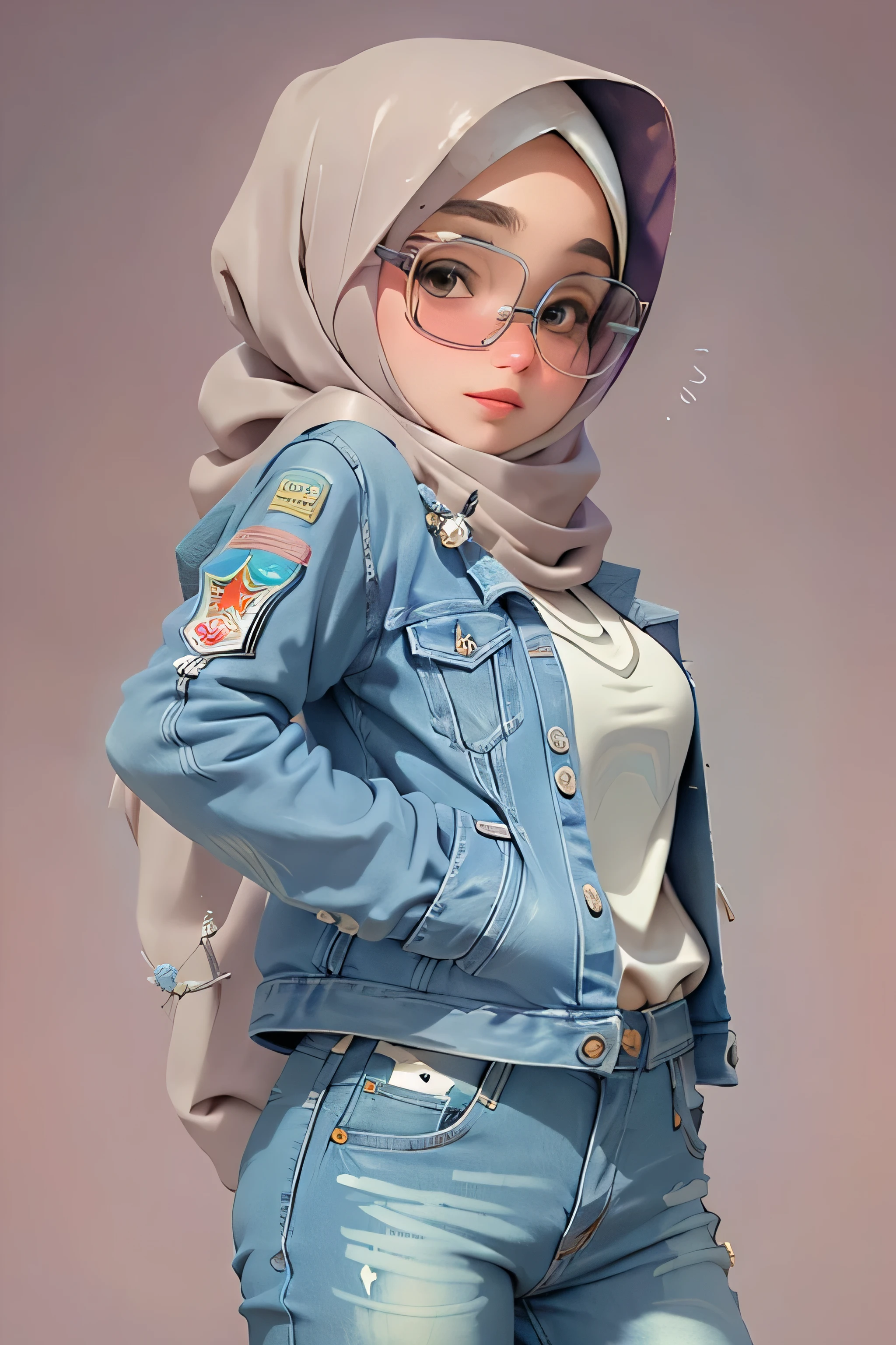 （masterpiece), A Muslim girl, wearing a hijab, Jeans jacket and sunglasses, Dark backgrounds with perfect lighting are made by experts, delicately detailed eyes, A delicate and delicate smile, milkyW, Perosant, holograph,  deep dark background