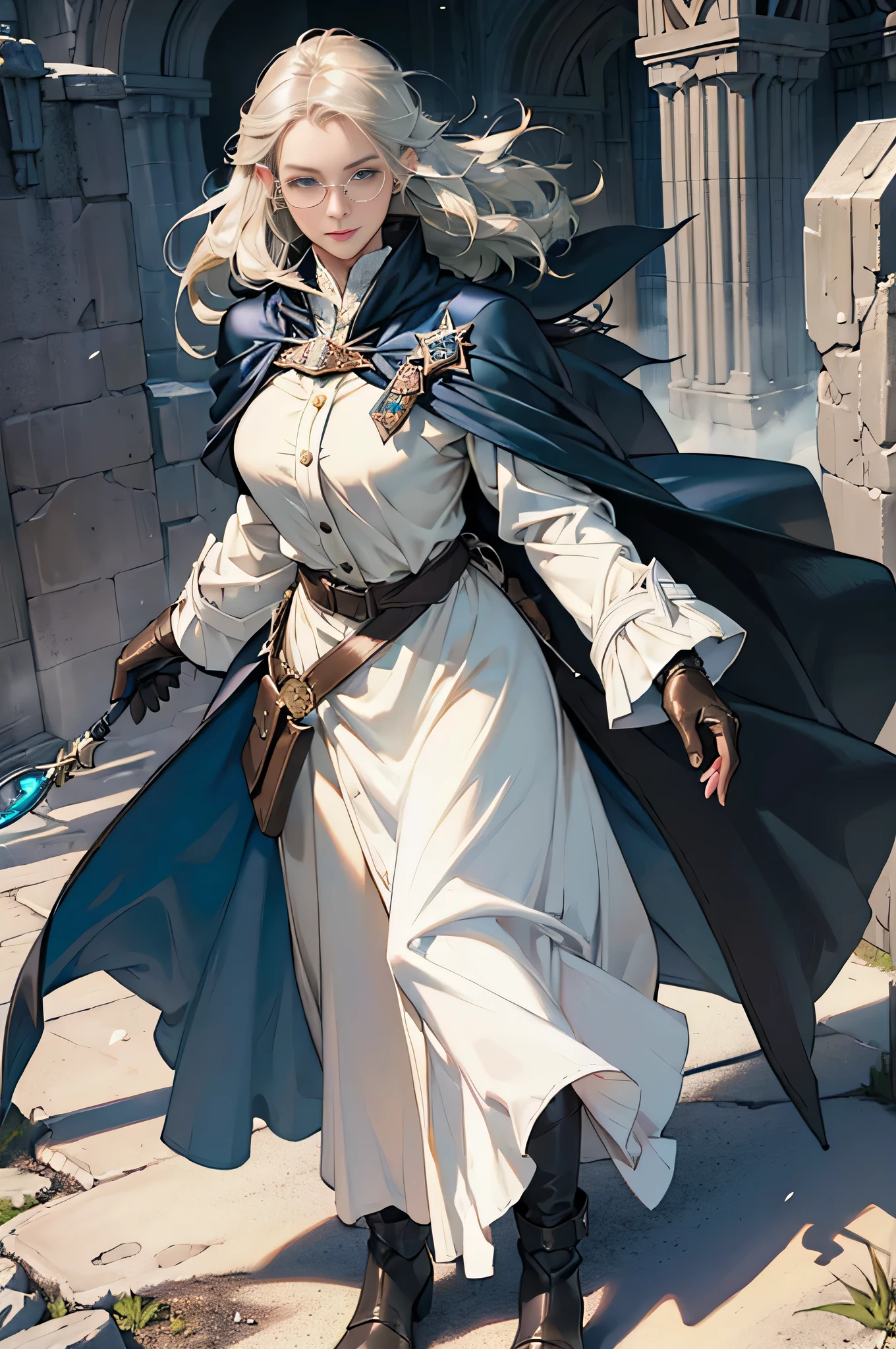 (((((girl))))), masterpiece, super detailed, 8K portrait, Raw photo, female portrait photography, full body, Highly detailed smile, ((fantasy)), (((hobbit))), ((adult)), 45 years old, 110cm, (((Alchemist))), ((white skin)), (((Greenish dark brown long straight hair))), dull bangs, (((navy blue silk long cloak))) fluttering in the wind, (((white inner coat))), long skirt leather gloves, (((Glasses))), (((equip a cane))), midday sun, surreal, slender body, Near the fog castle, environmental lighting, shadow details, focus the camera on the face, strong wind, light fog