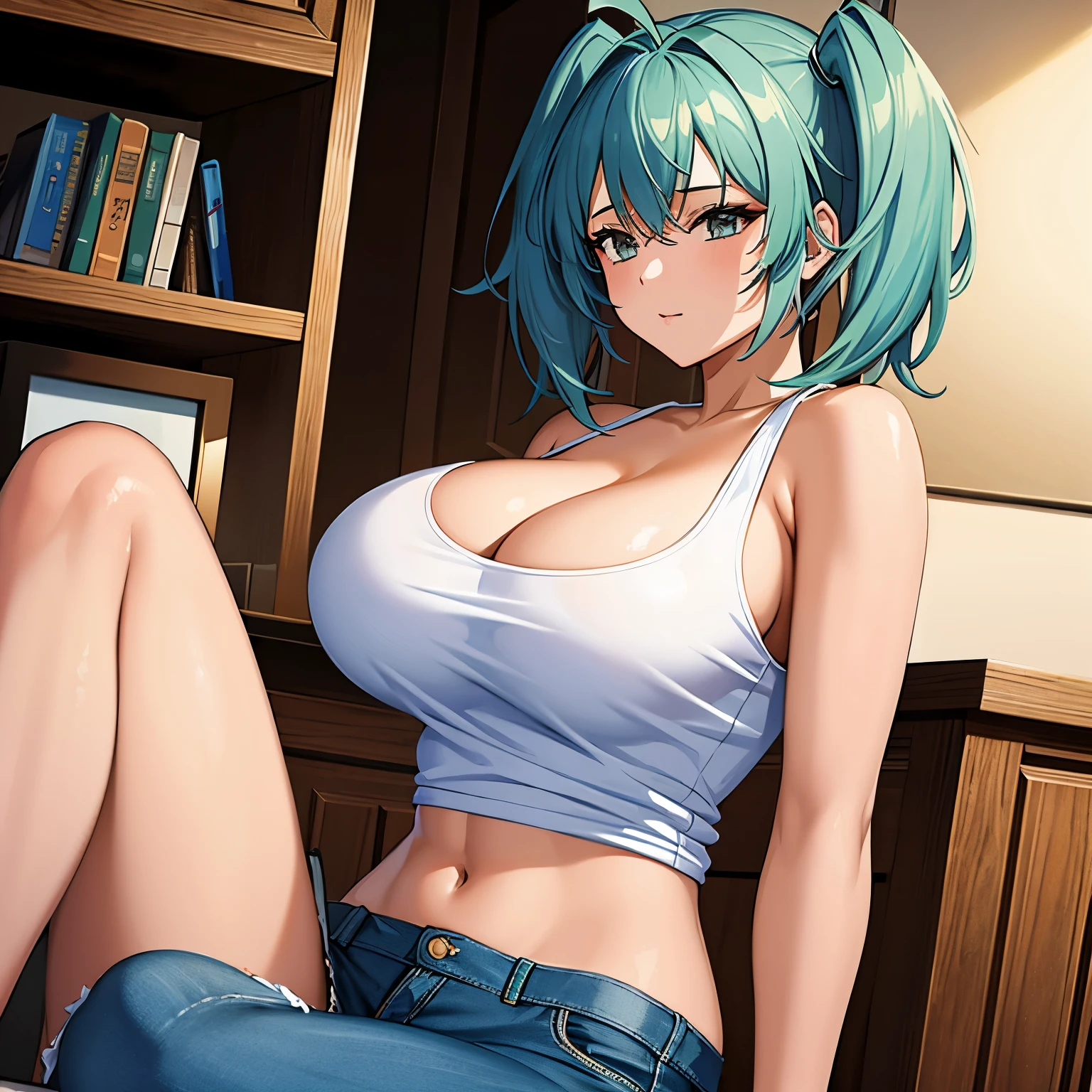 (masterpiece, best quality:1.2), 1girl, solo, white tank top, blue trousers, cleavage