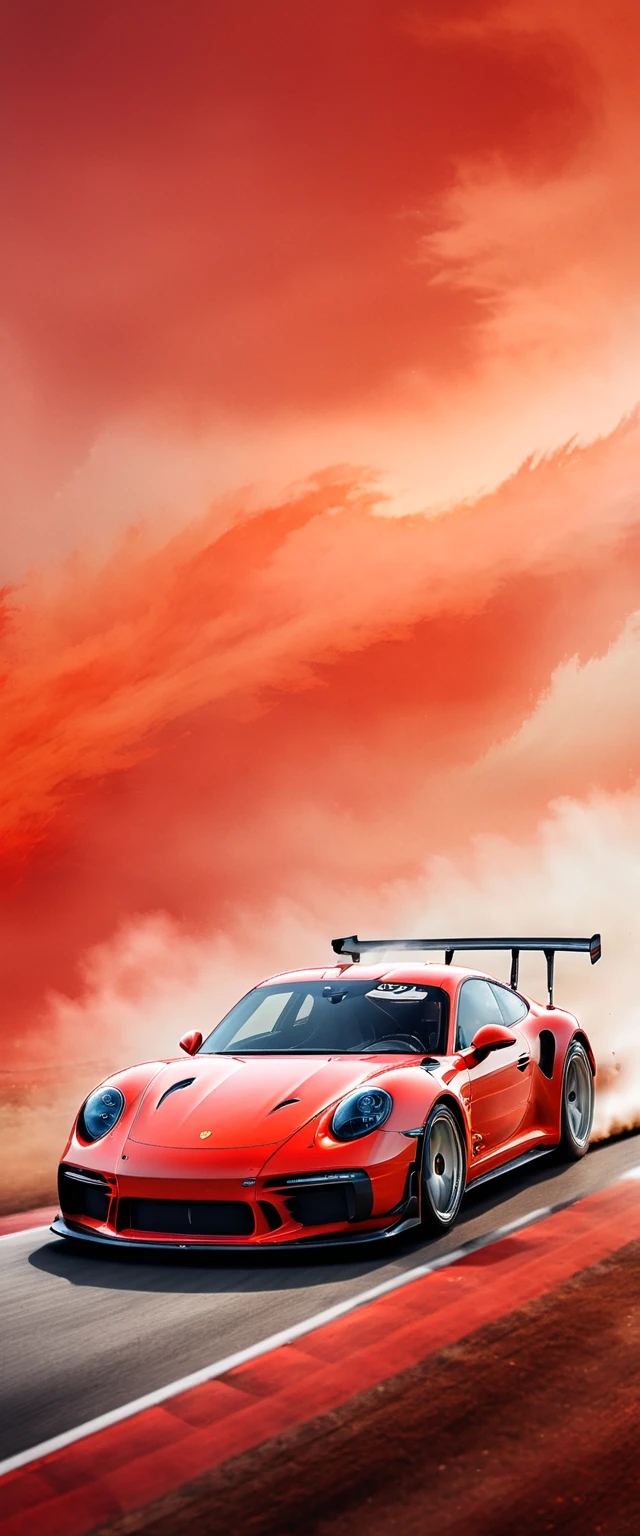 This is a photo composite.double contact.There&#39;s a cool red Porsche racing car，The background is shaped by a running wolf。Presentation of speed racing。The background of the picture is in a watercolor style with dark orange gradient，minimalist design。The bottom is equipped with the words &quot;PORSCHE&quot;。Picture quality HD.(best quality,4k,8k,high resolution,masterpiece:1.2),Super detailed,(actual,photoactual,photo-actual:1.37),