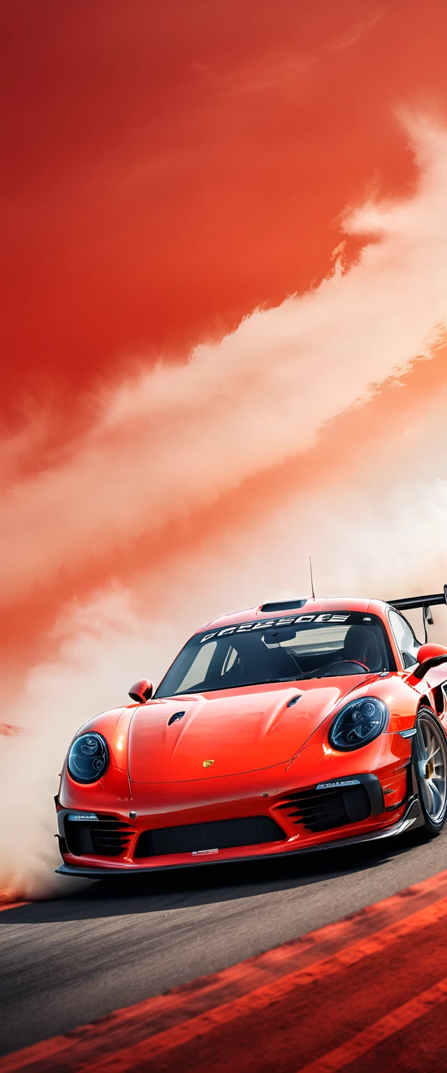 This is a photo composite.double contact.There&#39;s a cool red Porsche racing car，The background is shaped by a running wolf。Presentation of speed racing。The background of the picture is in a watercolor style with dark orange gradient，minimalist design。The bottom is equipped with the words &quot;PORSCHE&quot;。Picture quality HD.(best quality,4k,8k,high resolution,masterpiece:1.2),Super detailed,(actual,photoactual,photo-actual:1.37),