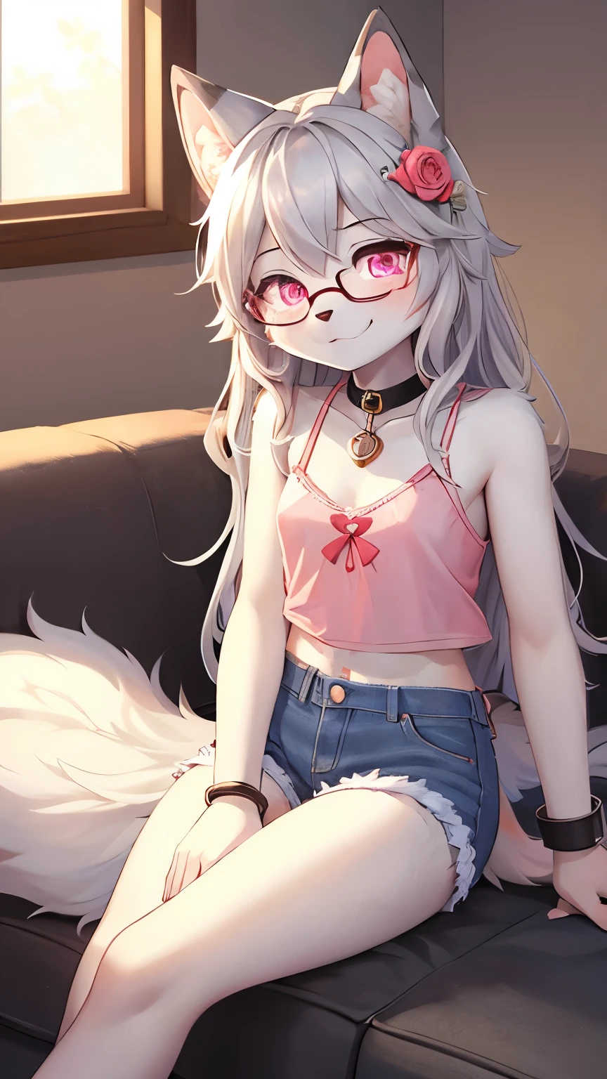 best quality,best resolution,(fluffy anthro furry :1.6),(young :1.6),light grey cat girl,small breasts,pink eyes,glowing eyes,light grey long hair,wavy hair,messy hair,light grey cat ears,light grey fur,heart collar,iron bracelet,glasses,flower hairpin,pink camisole with rose print screen,denim shorts,living room,warm light,sit with chin on in sofa,looking at viewer,happy face,smile,full face blush,