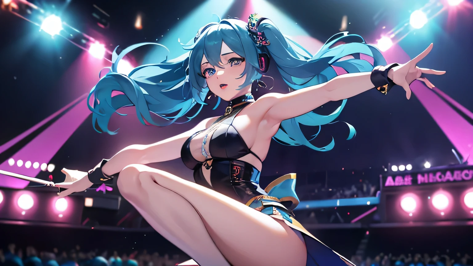 (Highest quality), (masterpiece), 1080P, High resolution, 4K, 8K, Sweat, Red nose, China dress, Bare shoulders, Side bust, Underarm, Thighs, Raise your arms, Light blue, Medium chest, Shooting from below, 18-year-old, Live Stage, black string panties