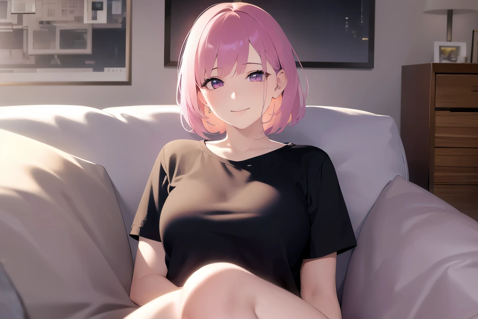 A young girl, short pink hair, green eyes, big tits, wears a loose t-shirt, is lying on a sofa, she is angry