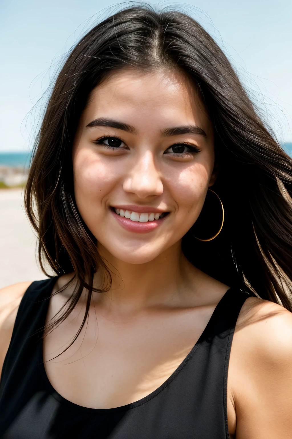 RAW photo, face portrait photo of beautiful 26 y.o woman, cute face, wearing black dress, happy face, hard shadows, cinematic shot, dramatic lighting