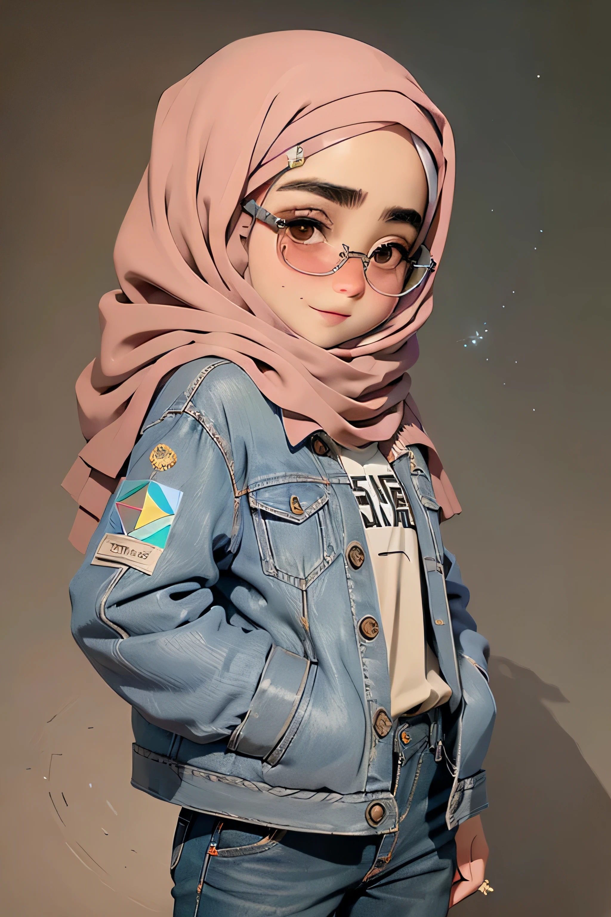 （masterpiece), A Muslim girl, wearing a hijab, Jeans jacket and sunglasses, Dark backgrounds with perfect lighting are made by experts, delicately detailed eyes, A delicate and delicate smile, milkyW, Perosant, holograph,  deep dark background