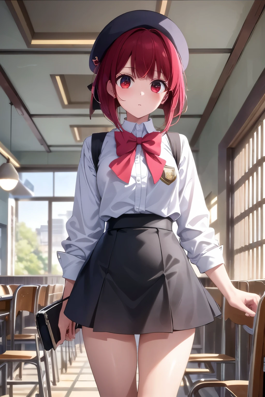 table top, highest quality, High resolution, 超High resolution, Depth of the bounds written,1 girl, red eyes, redhead, bob hair, School_uniform, green beret, pink_red bow tie, green_Jacket, mini skirt , Are standing, School