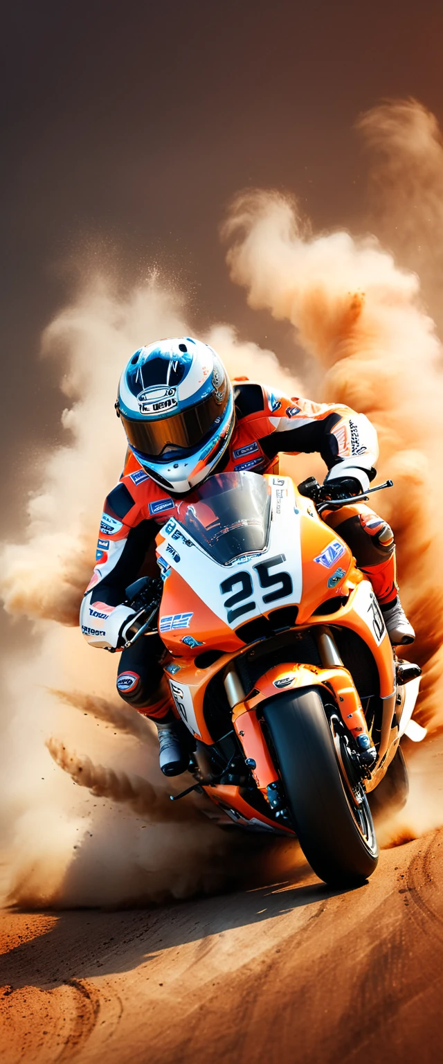 This is a photo composite.double contact.There is a cool motorcycle racing car，The background is shaped by a running wolf。Presentation of speed racing。The background of the picture is in a watercolor style with dark orange gradient，minimalist design。The bottom is equipped with the words &quot;PORSCHE&quot;。Picture quality HD.(best quality,4k,8k,high resolution,masterpiece:1.2),Super detailed,(actual,photoactual,photo-actual:1.37),