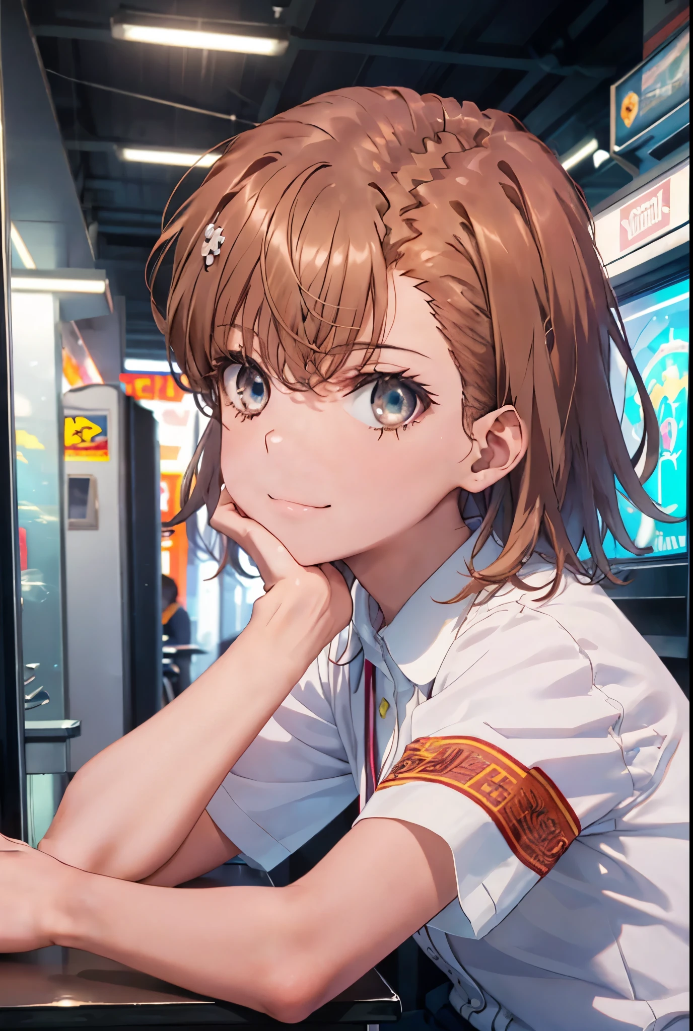 8K,highest quality,masterpiece,(((pixel perfect, Perfect in every detail))), alone, 1 girl, Micotorose, brown eyes,brown hair,short hair,tokiwadai , bow, looking at the viewer, crossed arms, closed mouth, Upper body,smile,sitting Chair, game_center, scenery, arcade cabinet, Chair, poster (object), indoor ,s4g4m1,(masterpiece:1.2), highest quality, High resolution, unity 8K wallpaper, (shape:0.8), (beautiful and detailed eyes:1.6), highly detailed face, perfect lighting, Very detailed CG, (perfect hands, perfect anatomy),