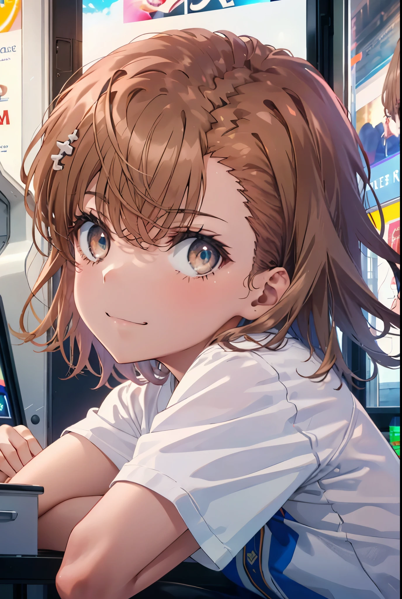 8K,highest quality,masterpiece,(((pixel perfect, Perfect in every detail))), alone, 1 girl, Micotorose, brown eyes,brown hair,short hair,tokiwadai , bow, looking at the viewer, crossed arms, closed mouth, Upper body,smile,sitting Chair, game_center, scenery, arcade cabinet, Chair, poster (object), indoor ,s4g4m1,(masterpiece:1.2), highest quality, High resolution, unity 8K wallpaper, (shape:0.8), (beautiful and detailed eyes:1.6), highly detailed face, perfect lighting, Very detailed CG, (perfect hands, perfect anatomy),