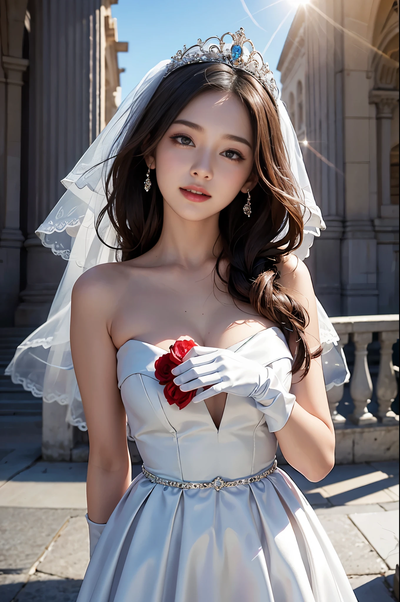 best quality, masterpiece, 1 girl, huge laugh, cute teen, shiny lips, sweet, sun glare, Conservative attire, white gloves, wedding dress, bridal tiara, depth of field, blurred background, Cathedral Background, light particles, strong wind, head tilt, long hair, 