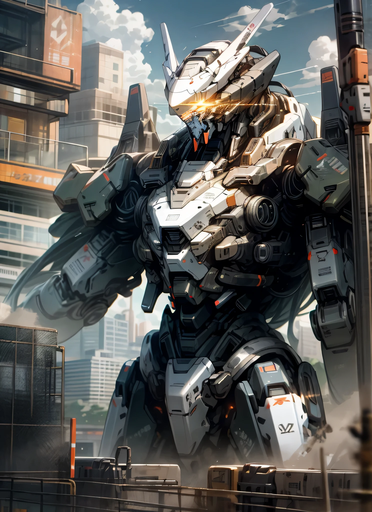 sky, cloud, holding_weapon, no_humans, glowing, , robot, building, glowing_eyes, mecha, science_fiction, city, realistic,mecha