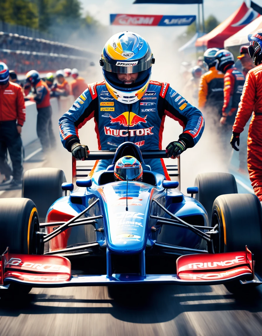 (best quality,4k,highres),(realistic:1.37),race car,speed,engine roaring,tire ????,adrenaline,fast,action-packed,track,racing helmet,driver in racing suit,curves,speedometer,fuel gauge,checkered flag,smoke,mechanics at work,refueling pit stop,winning celebration,victory podium,blurred background,braking,acceleration,finish line,drifting,high-performance vehicle,competition,roaring crowd,excitement,precision driving,dangerous maneuvers,perfect lap,thunder
